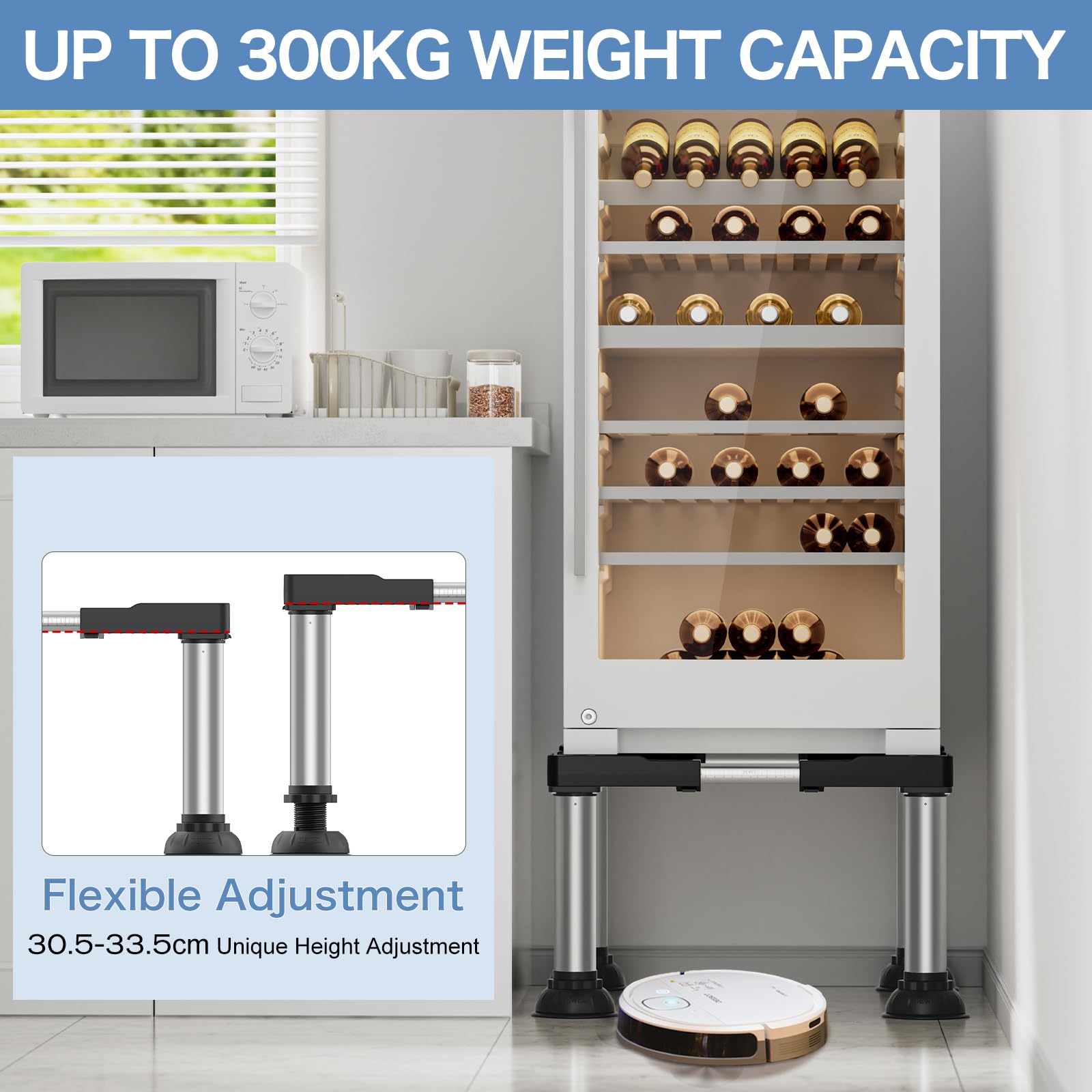 DEWEL Base FrigoríFico Altura 30-33cm 4 Pies de Ventosa Estables Pedestal FrigoríFico Regulable ElevacióN para Lavavajillas Congelador, con FuncióN Antideslizante y Amortiguadora Negro | Antivibración y amortiguación, base ajustable para frigorífico eleva