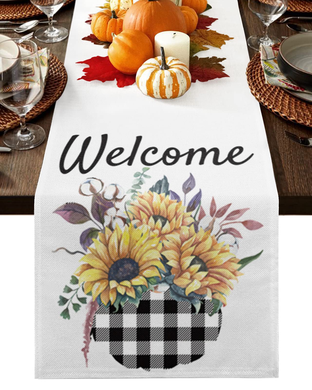 Fall Table Runner Black Plaid Flower Pot Fall Autumn Harvest Thanksgiving Table Runners Sunflowers Welcome Tablecloth Kitchen Dinner Table Decoration for Holiday Dinner Parties 14x72 inches