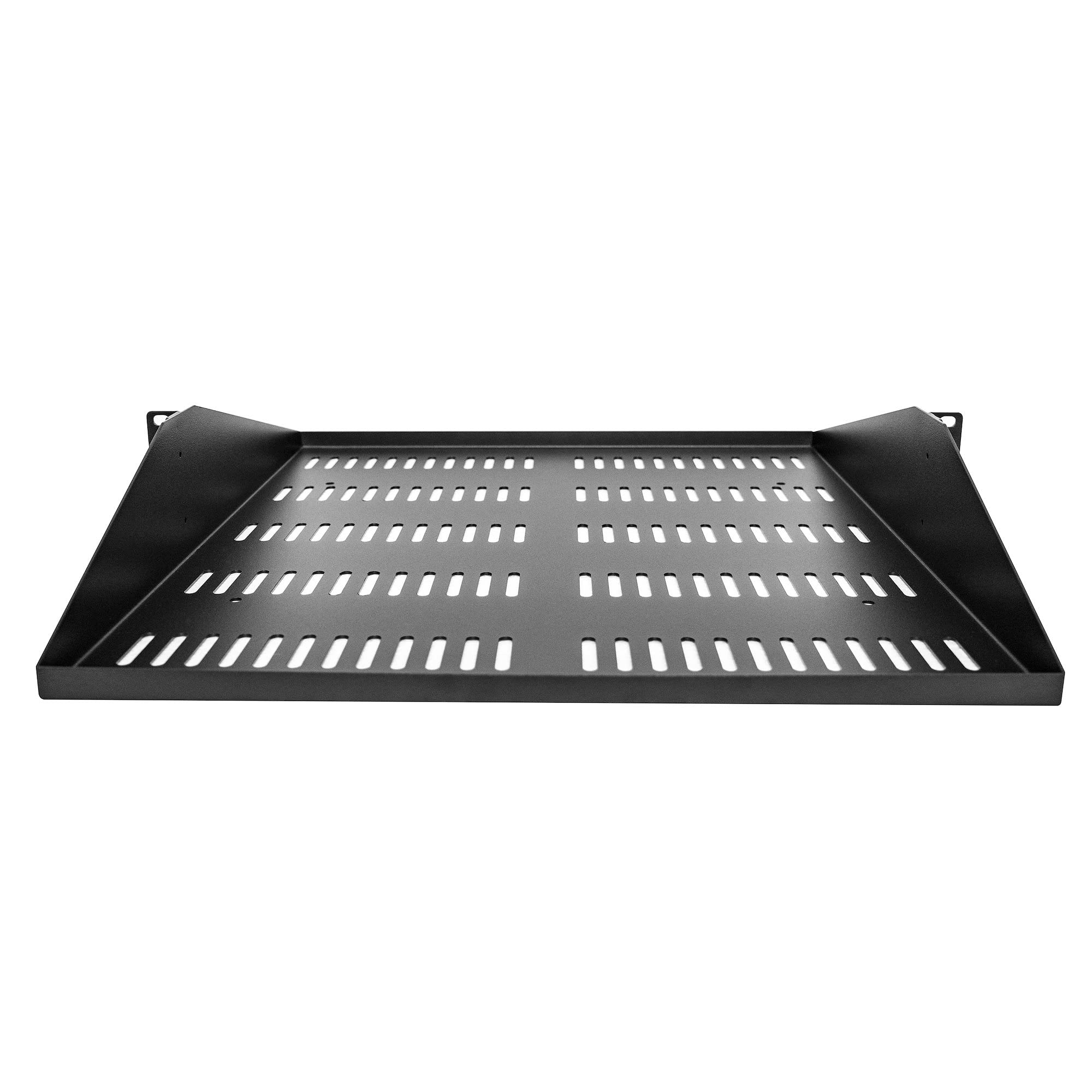 StarTech.com Półka na serwery 2U, montowana na środku, uniwersalna wentylowana taca wspornikowa do stojaka na sprzęt sieciowy 48 cm, stal wytrzymała, pojemność 90 kg, głębokość 50 cm, czarna (SHELF-2U-20-CENTER-V)