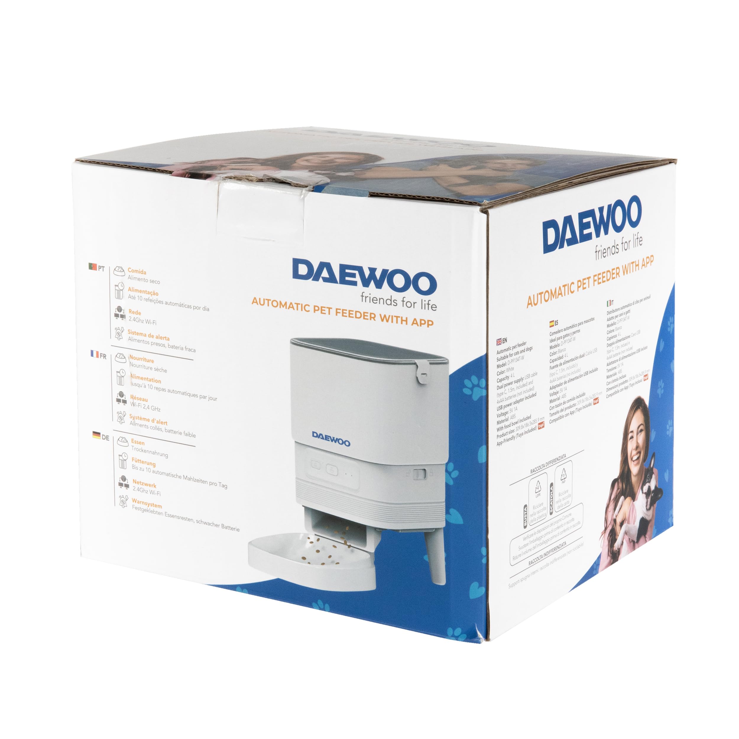 Daewoo - Distributore Automatico Cibo Gatti e Cani 4L con Controllo tramite App TUYA, Dispenser Crocchette Gatto con Programmazione Fino a 10 Pasti al Giorno, Display LCD, Cani e Gatti Accessori