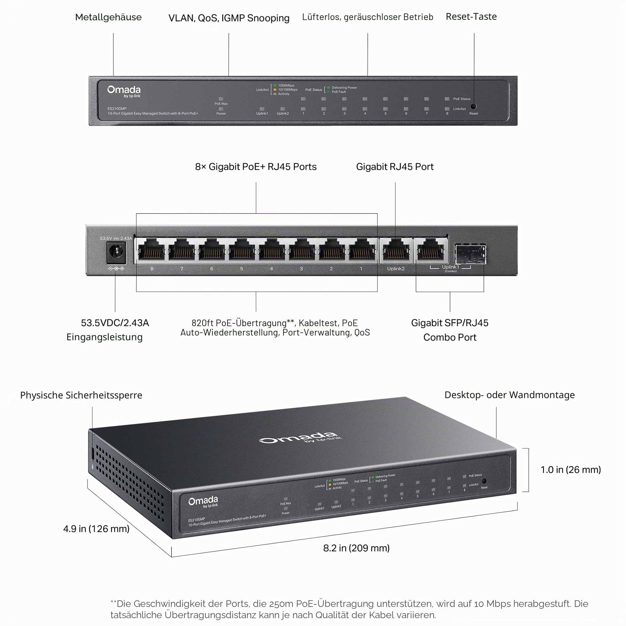 TP-Link Omada ES210GMP, 10-Port Gigabit Easy Smart Switch, 123W Budget, 8 x PoE+ Ports, 1 x RJ45 + 1 x SFP Combo, Plug und Play, VLAN QoS IGMP Snooping, PoE Auto-Recovery Lüfterlos Cloud-Verwaltung