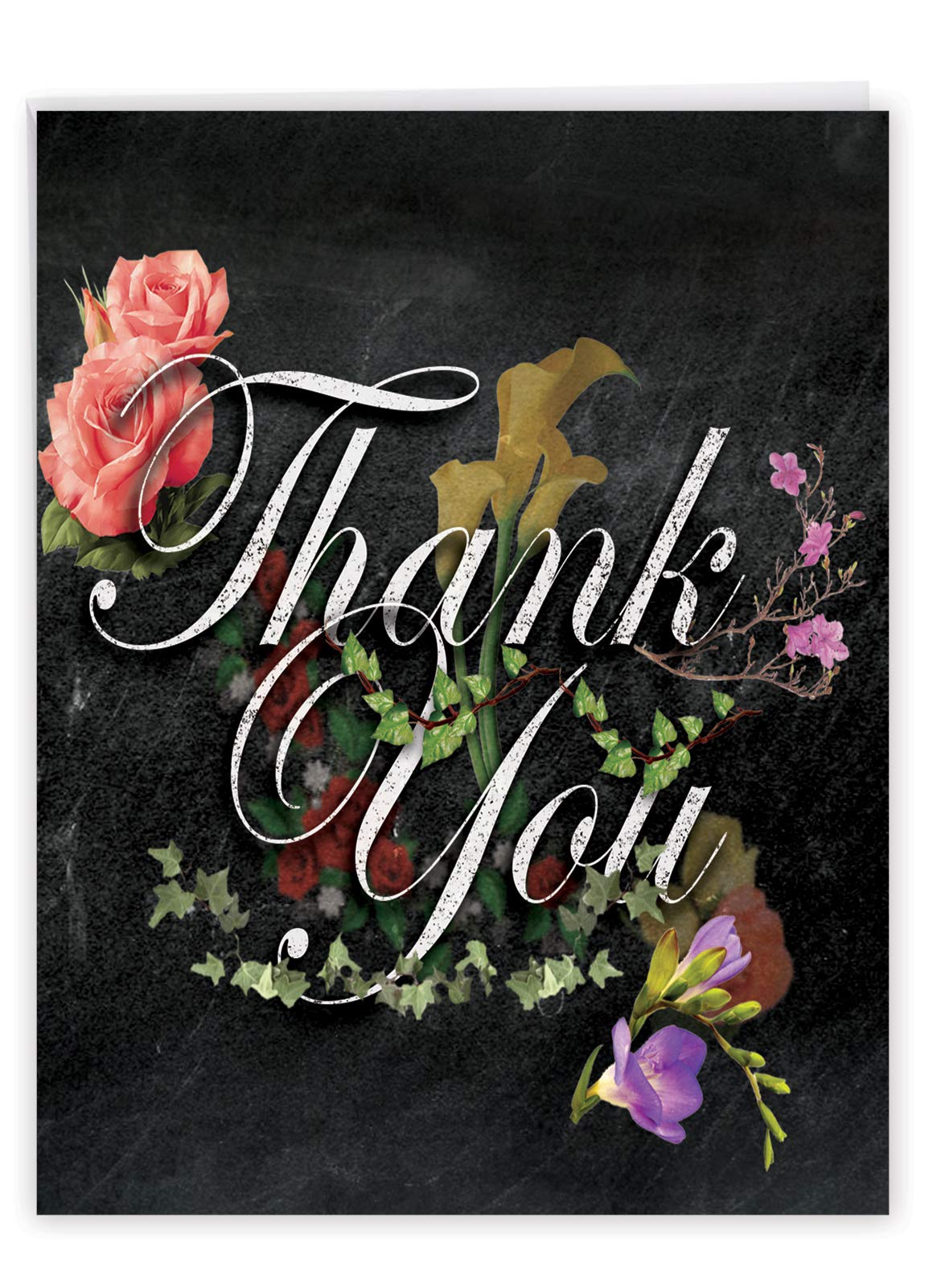 The Best Card Company - 1 Beautiful Thank You Card (8.5 x 11 Inch) - Pretty Flowers, Floral Gratitude Stationery Notecard with Envelope - Chalk and
