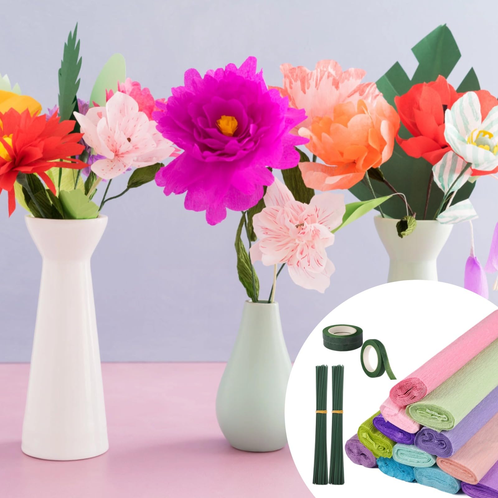Lot de 12 rouleaux de papier crépon italien, 12 couleurs, extra longues pour fabrication de fleurs, loisirs créatifs, décorations de fête de mariage et fleurs en papier