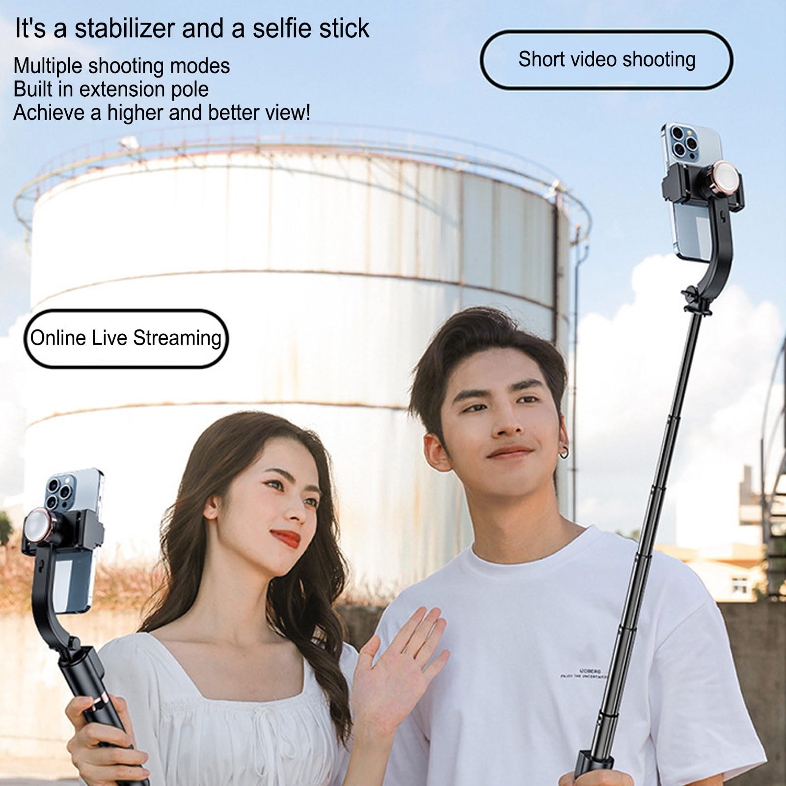 Stabilizzatore Cardanico per Selfie Stick, Treppiede con Rotazione a 360° con Telecomando, Supporto per Telefono Estensibile in Alluminio con Luce Soffusa a 3 Colori,