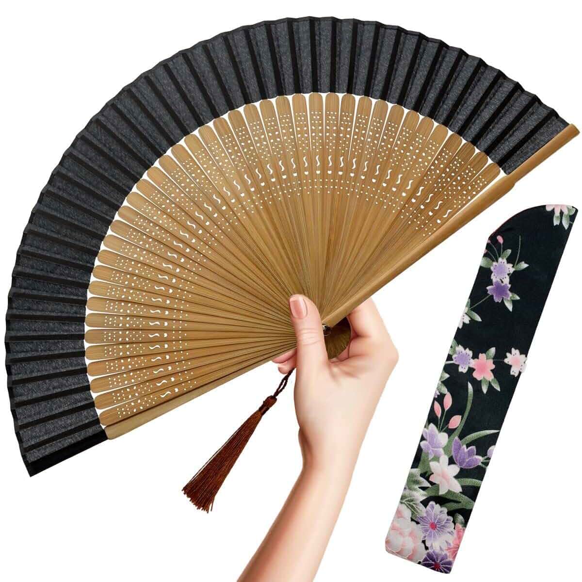 OMyTea Hand Fan Foldable for Women, Japanese Chinese Fan, Sexy Bamboo Portable bamboo and silk folding hand fan with case for hot flashes, cooling, festivals, tea party, travel, church and gifts.