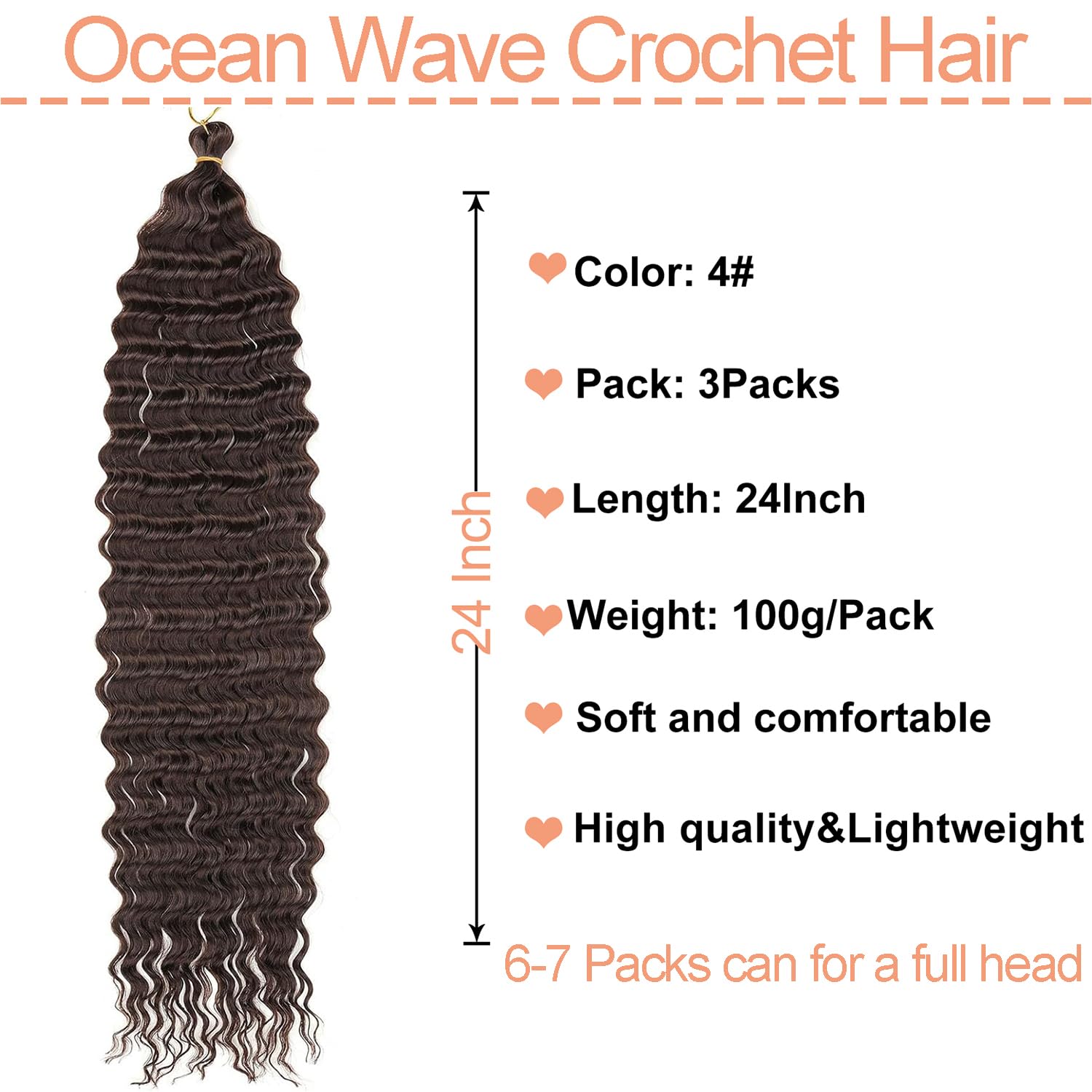 Mscat 24 Inch Ocean Wave 3Pack Crochet hair Extexsions Long Braids Dark Brown Deep wave Synthetic hair Curly Braiding hair for Black Women 4# - Image 2