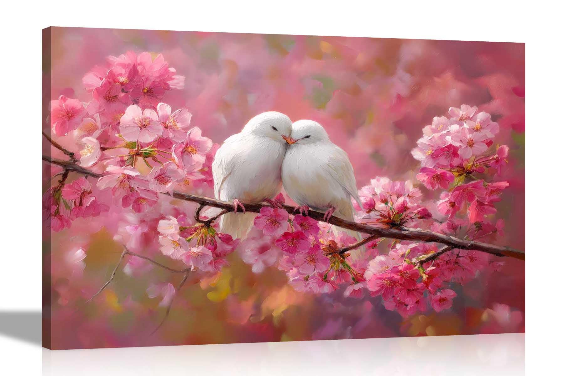 Artley Prints Doves In Love - Pink Tree Oil Painting Canvas Prints Home Office Conservatory Nature Wall Art Hanging Decor 60 X 40Cm (24 X 16 Inches) A2