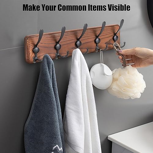 Miniatura 5 de Kruodop Perchero grande de montaje en pared con 5 ganchos de metal negro triple - ganchos de madera de pino marrón para colgar ganchos de pared para