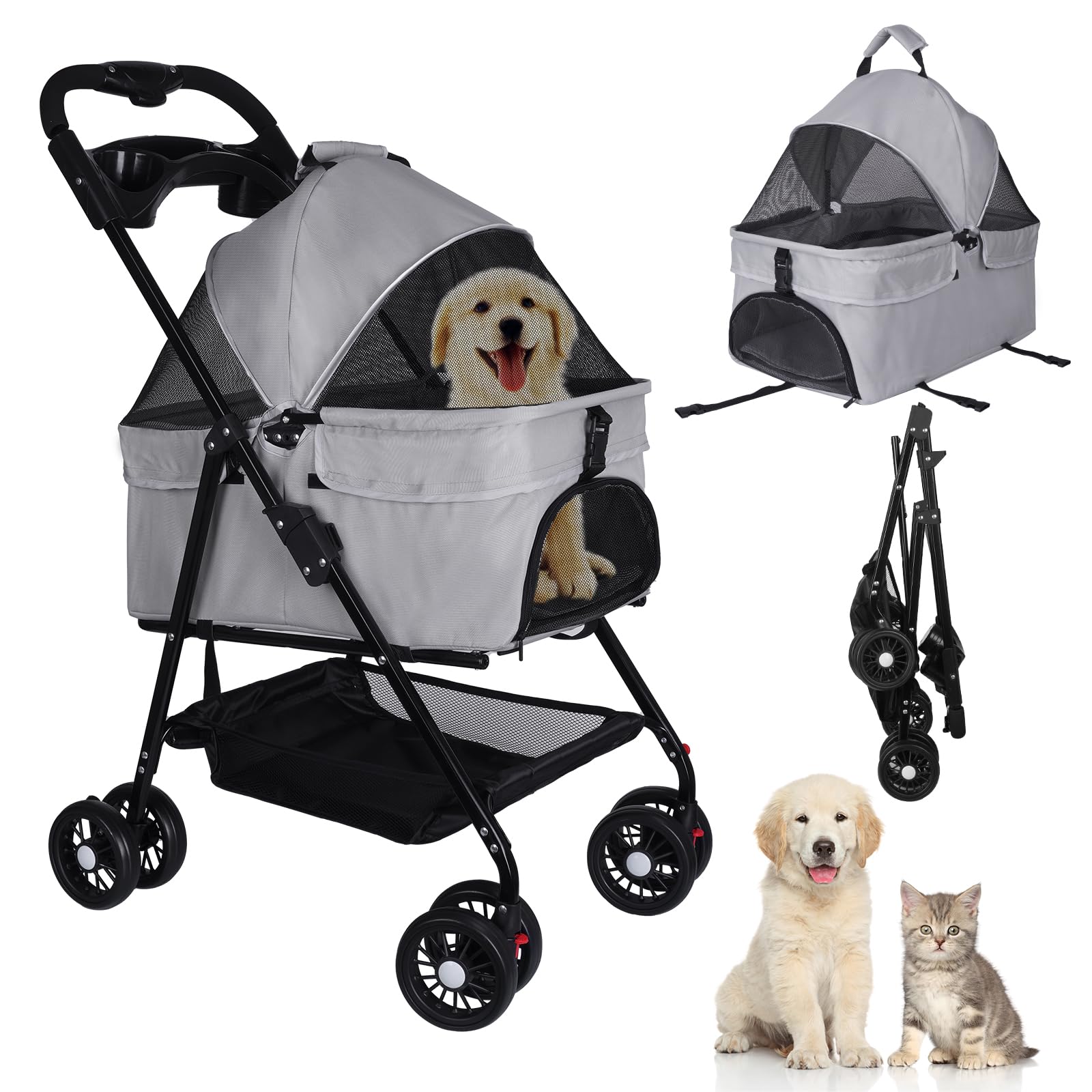 Opetdo Cochecitos para perros Plegable Cochecito para Cachorros Caja para Perro Bolsa de Transporte Plegable hasta 20kg Bolsa de Transporte Animal (Gris)
