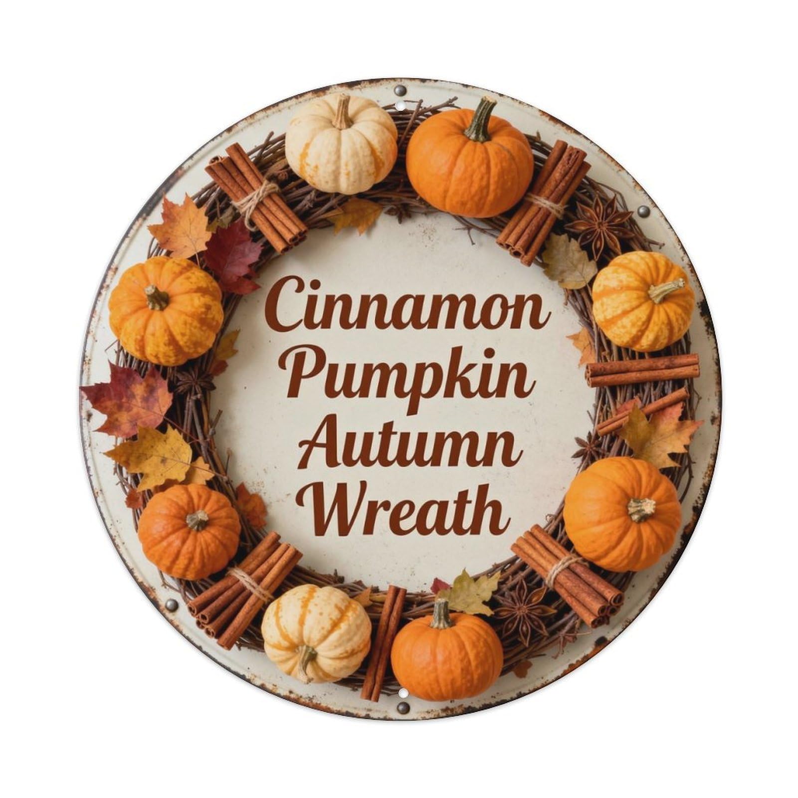 Cinnamon Pumpkin Autumn Wreath Metal Tin Sign Plaque