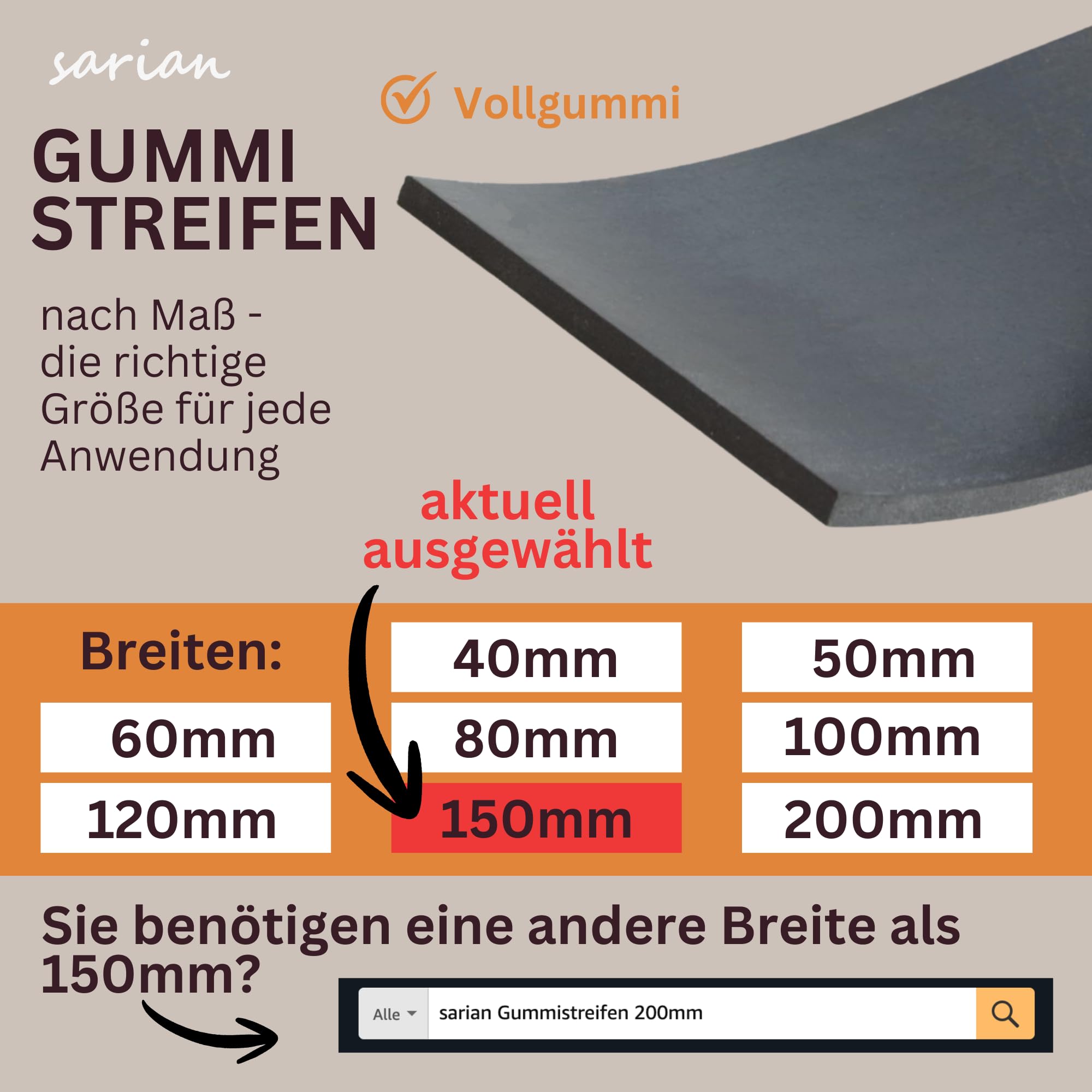 sarian Gummistreifen 150mm 15cm BREIT - WÄHLE STÄRKE: 3mm, 5mm, 8mm, 10mm - WÄHLE LÄNGE: bis 10m METER Gummileiste Gummimatte Meterware Gummiunterlage Gummidichtung