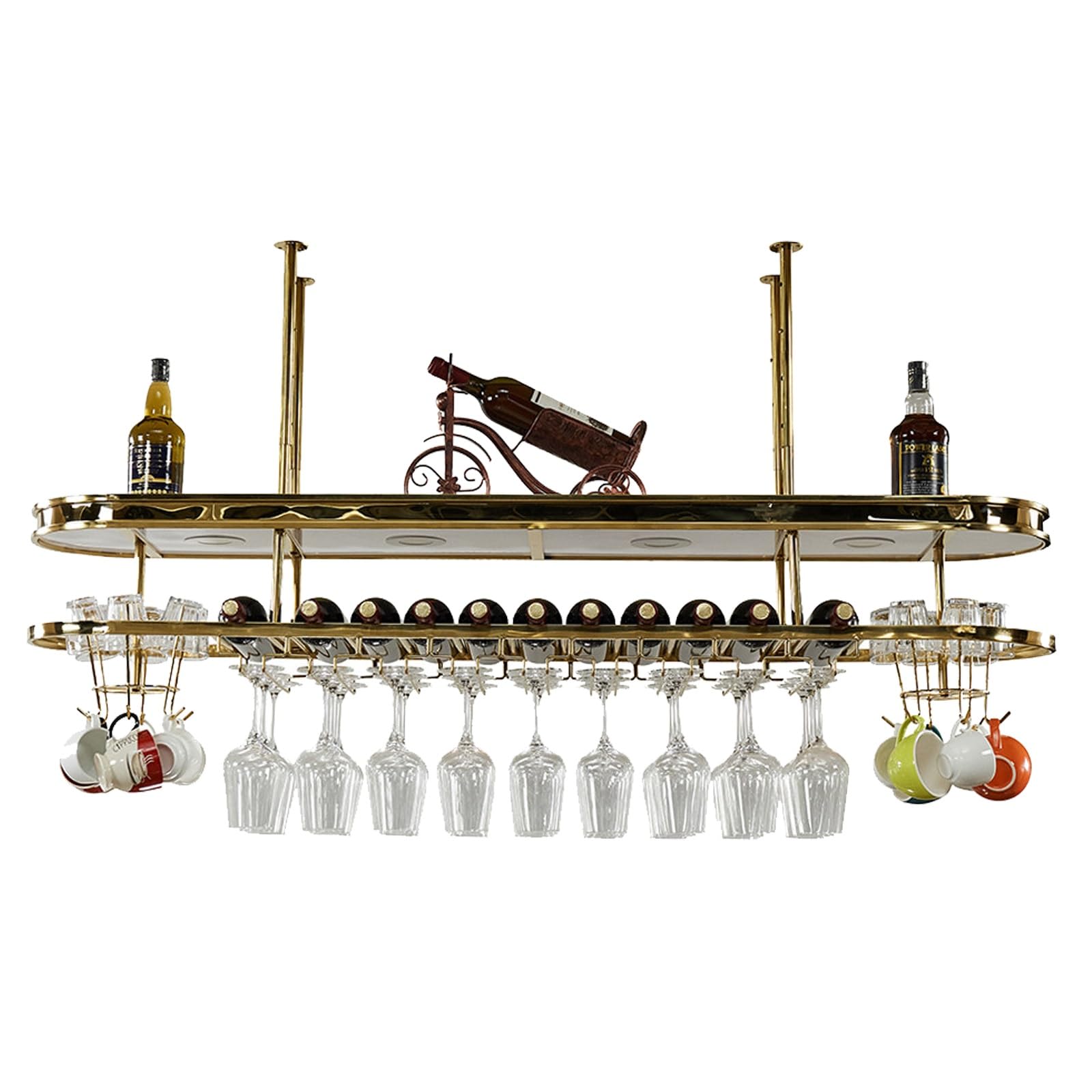 ASYJVWYZ Ceiling Wine Rack, 2-Tier Overhead Wine Bottle Shelf With Stemware & Cup Holder, Adjustable Hanging Storage For Bar Kitchen(150x30cm/59x12in)