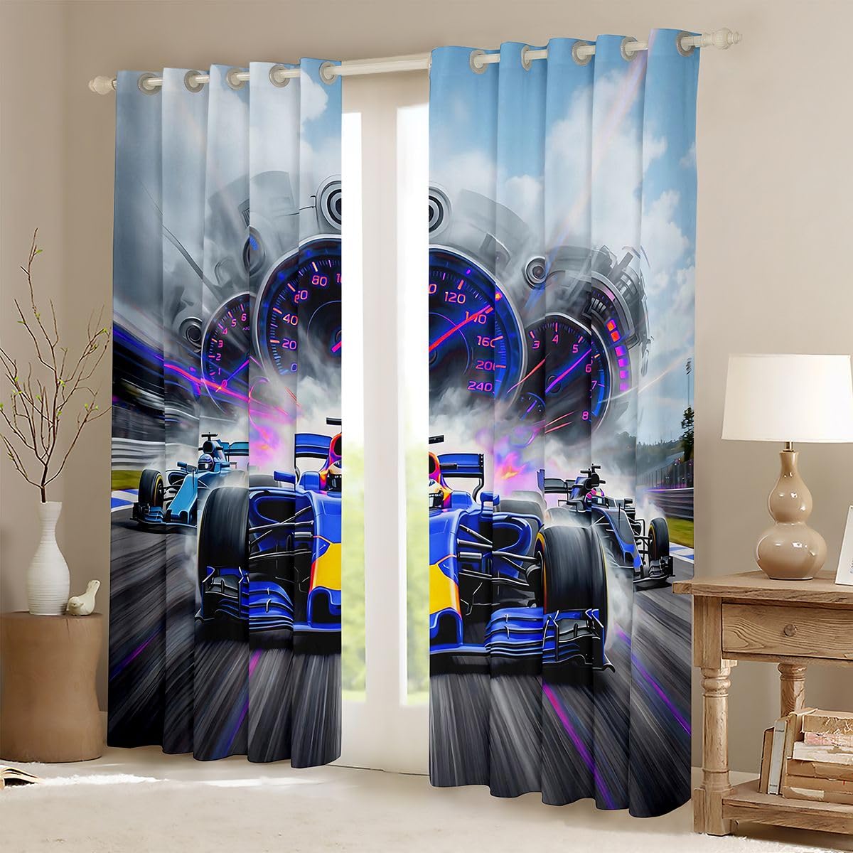 Homewish Chłopięce zasłony okienne, 117 x 183 cm, 2 zestawy paneli – zasłony zaciemniające do samochodu wyścigowego, tor wyścigowy, sporty ekstremalne, zasłony okienne, neonowa deska rozdzielcza