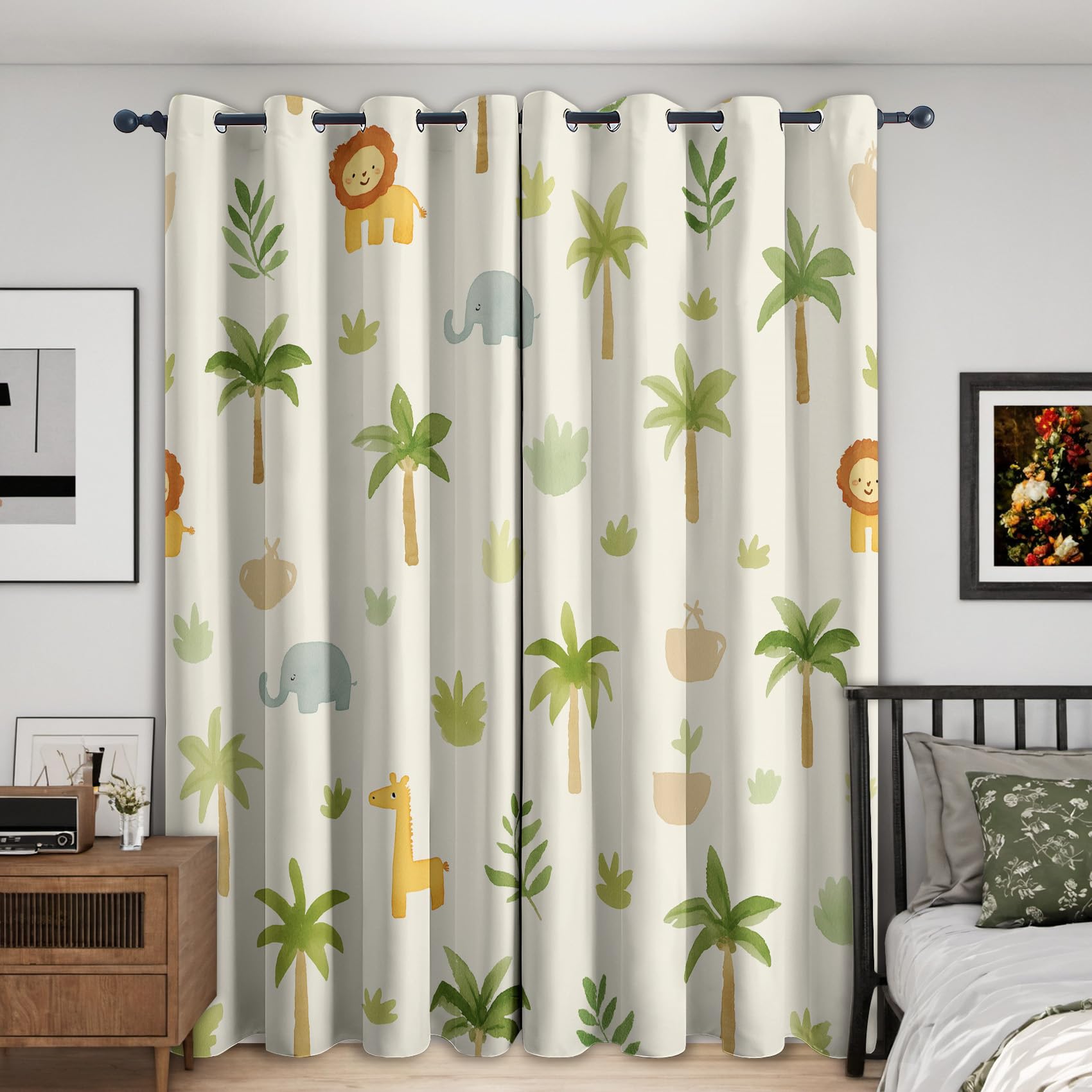 Cartoon Jungle Curtains Blackout, 52x63 Inch 2 Panels - Safari Animal Pattern Black Out Curtains, Home Decor, 63 Drop Eyelet Window Drapes for Bedroom, Living Room DH157