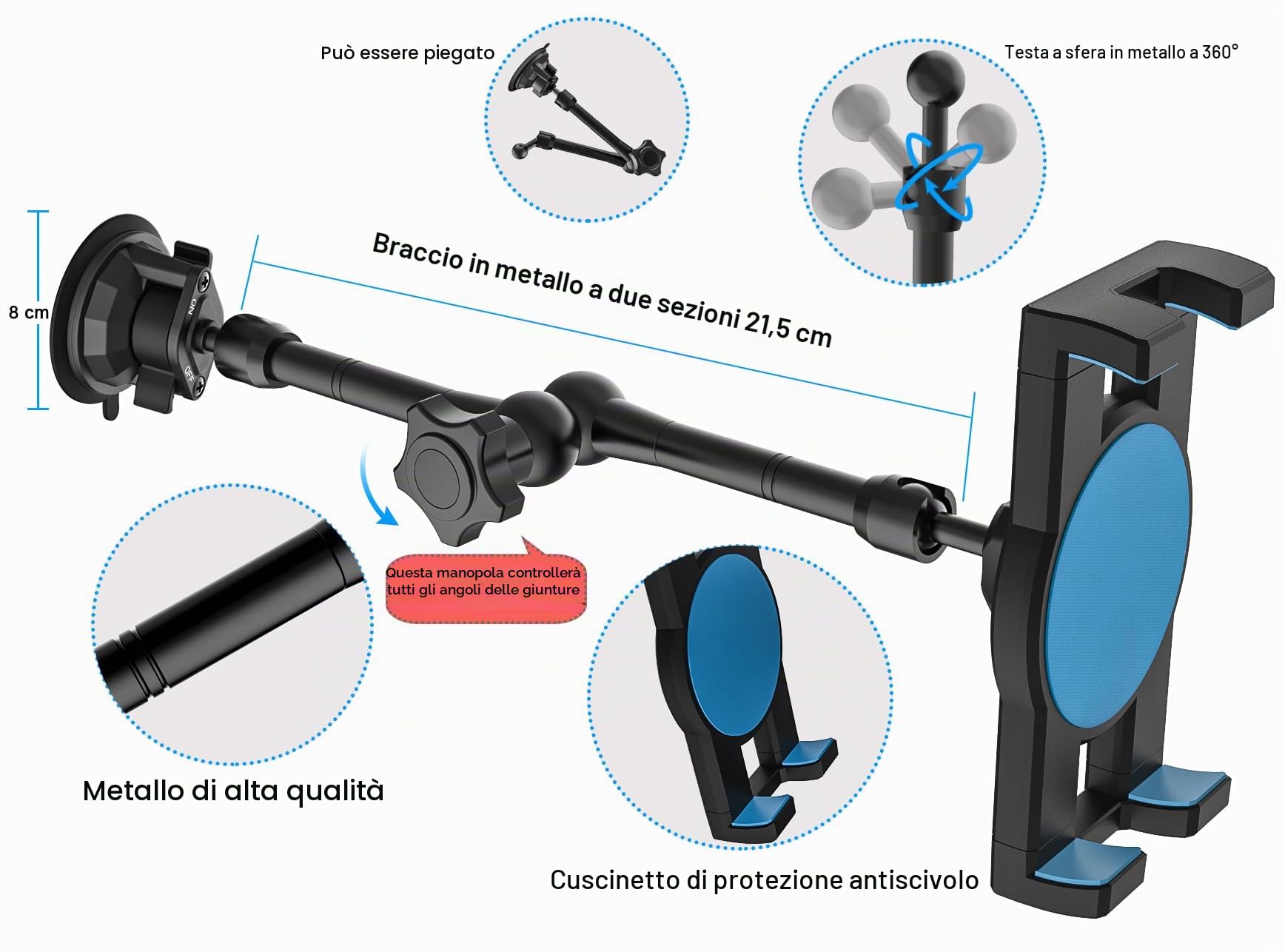 Oilcan Supporto Tablet Auto Cruscotto Parabrezza, Supporto Tablet Ventosa Camion [Multi-Angolo & Braccio in Metallo] Per iPad Pro Air Mini, Galaxy, Lenovo, iPhone, Telefono e Tablet da 4-12,9"