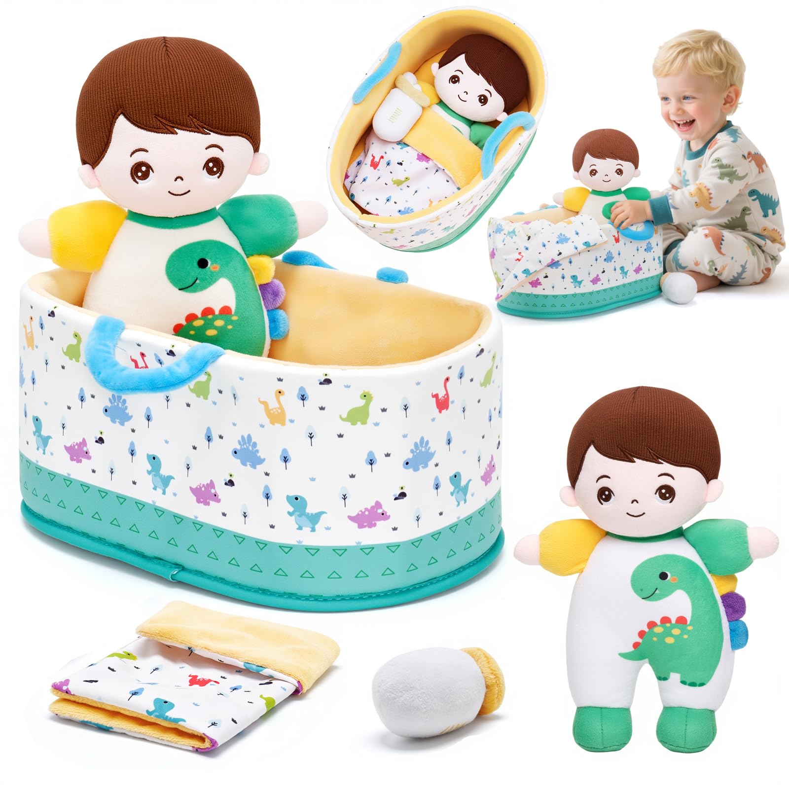 OUOZZZ Soft Baby Boy Doll Set with Accessories, Dinosaur Design, 10" Plush Figure | Educational & Social Skills Toy - main product image