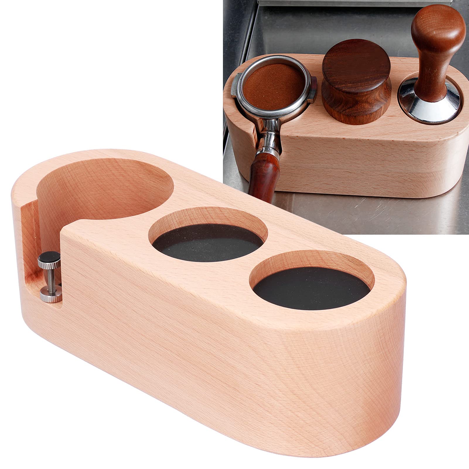 Soporte De Portafiltro De Café De 3 Orificios, Soporte De Tamper De Filtro De Café De Madera, Estación De Soporte De Tapete De Tamper De Madera Estación De Apisonamiento De Café Espresso Con Tapete An