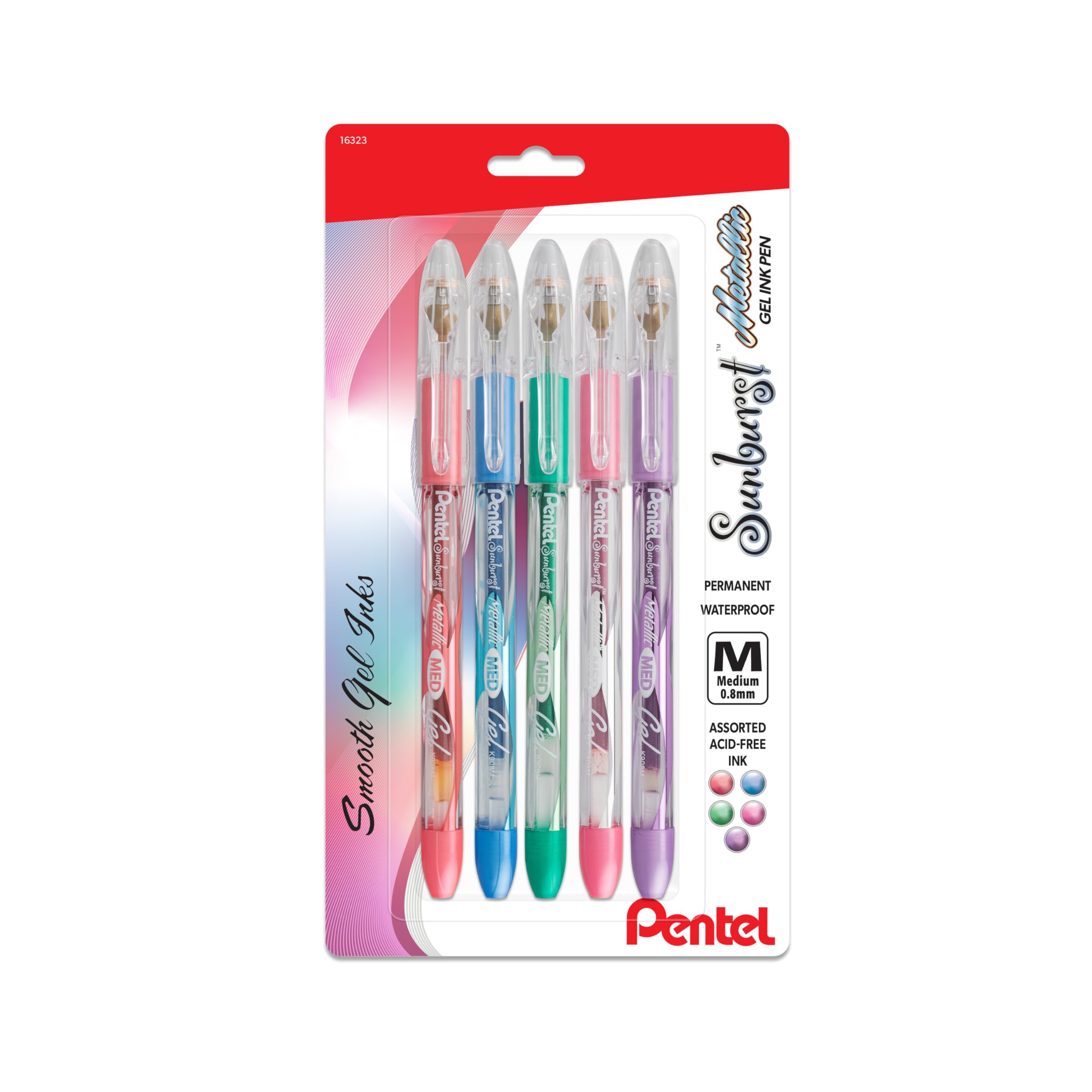 Pentel Stylo à encre gel métallique Sunburst, Medium Ligne, permanent, assortis d'encre, Lot de 5 (K908mbp5 m)