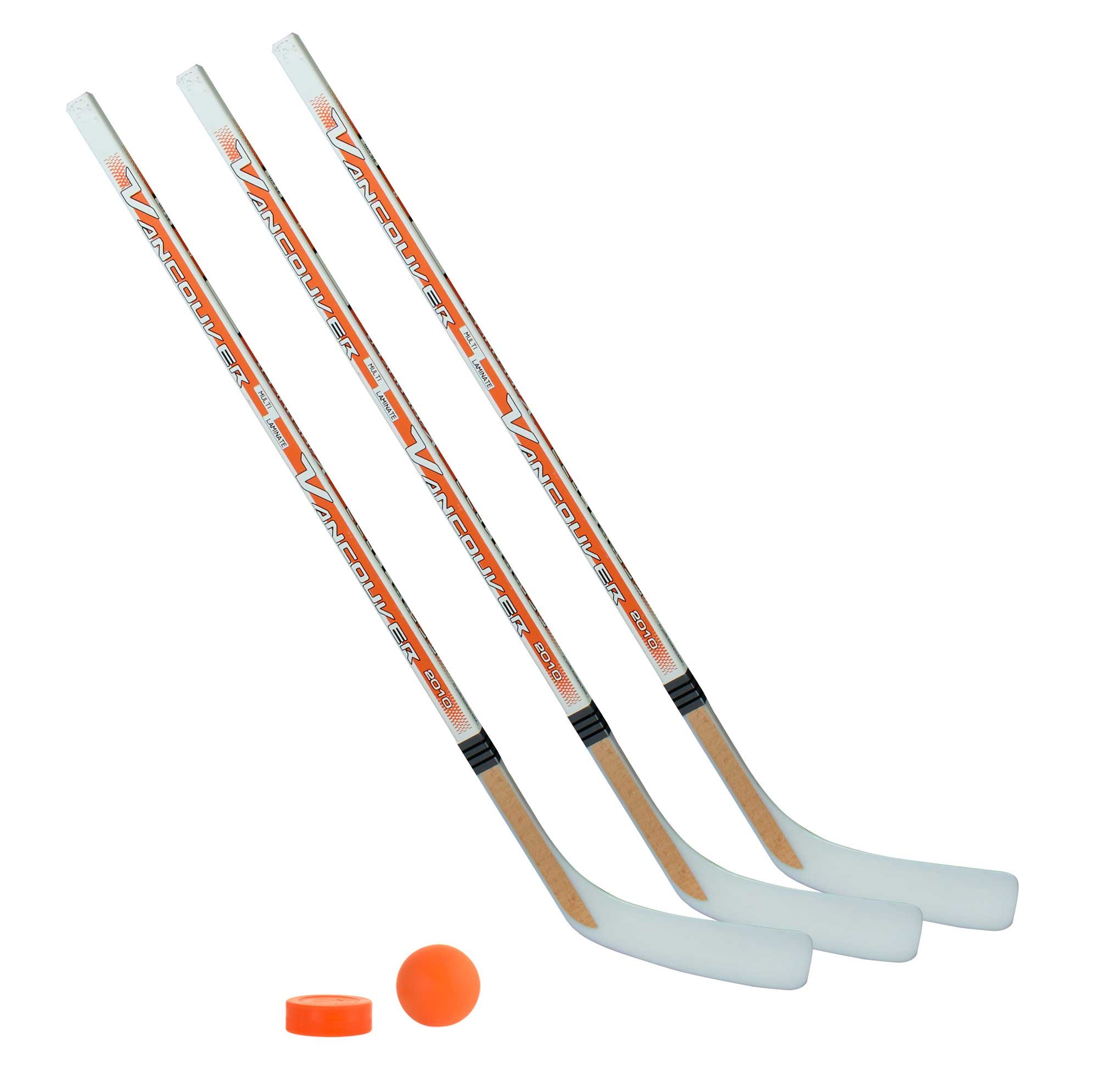 Vancouver Streethockeyschläger-Set Kids 7: 3 Schläger 115cm gerade Kelle & Ball und Puck orange …