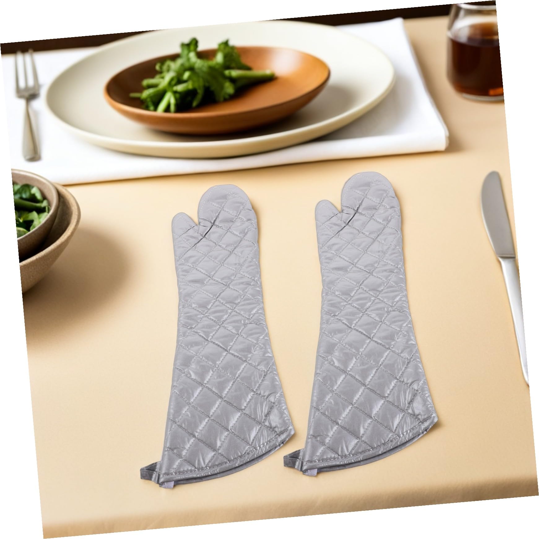 1 Paar Ofenhandschuhe aus Polyester Baumwolle Hitzebeständig für Küche | Ergonomisches Design, Multifunktionale Nutzung, Silberfarben, für Air Fryer und Backen