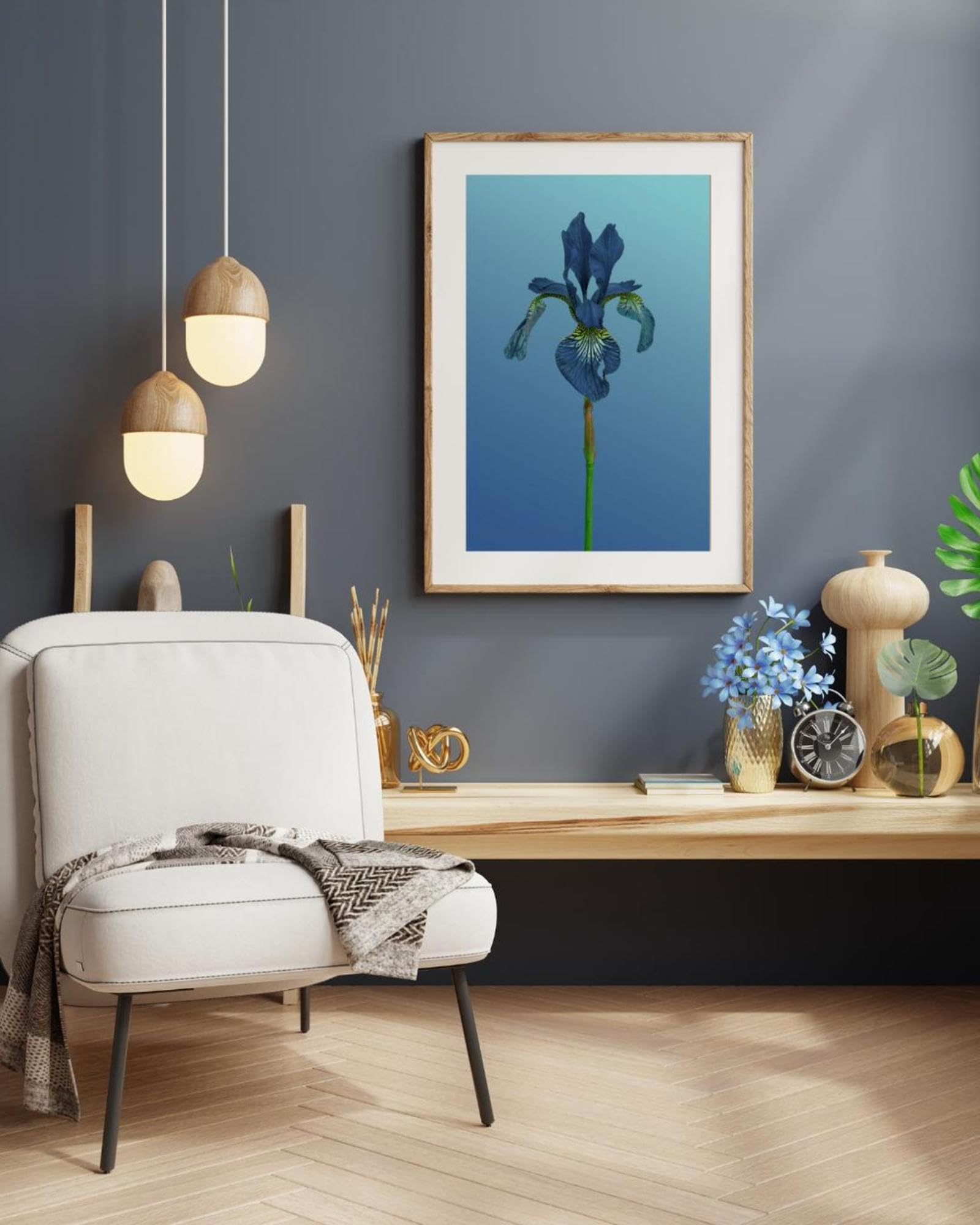 XINBAO Niebieska irys botaniczny do druku, minimalistyczna kwiatowa sztuka ścienna, nowoczesny portret kwiatowy na niebieskim obrazie, obrazy na płótnie 80 x 120 cm bez ramy