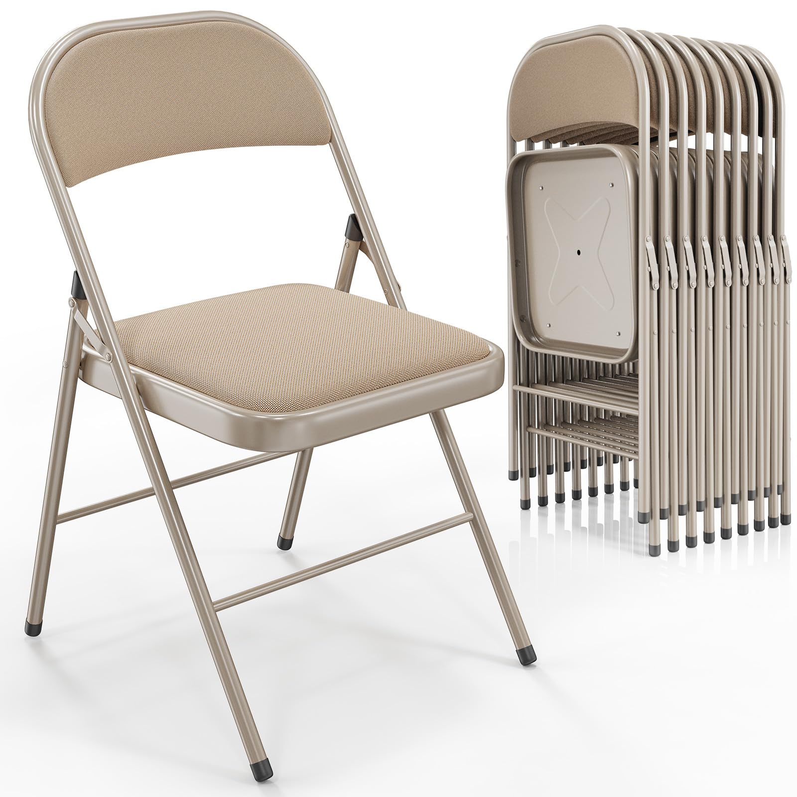 VINGLI 10 Pack Folding Chairs with Padded Seats, Metal Frame with Fabric Seat & Back, Capacity 350 lbs, Khaki, Set of 10