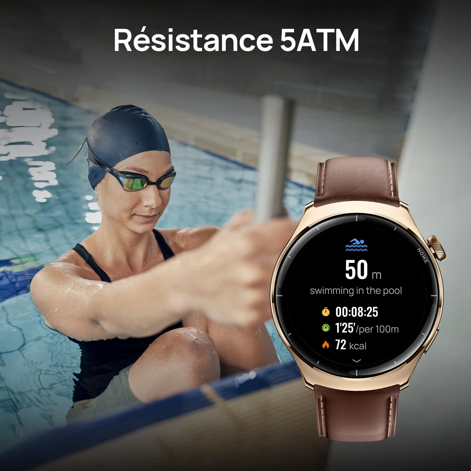 Mibro Lite3 Pro Montre Connectée Femme 45mm, Appels Bluetooth, 5ATM, GPS | Autonomie 15J, avec Suivi Cardio Féquencemètre/Sommeil/SpO2, Bracelet Cuir Élégant, pour iPhone Android Samsung(Or Rose)