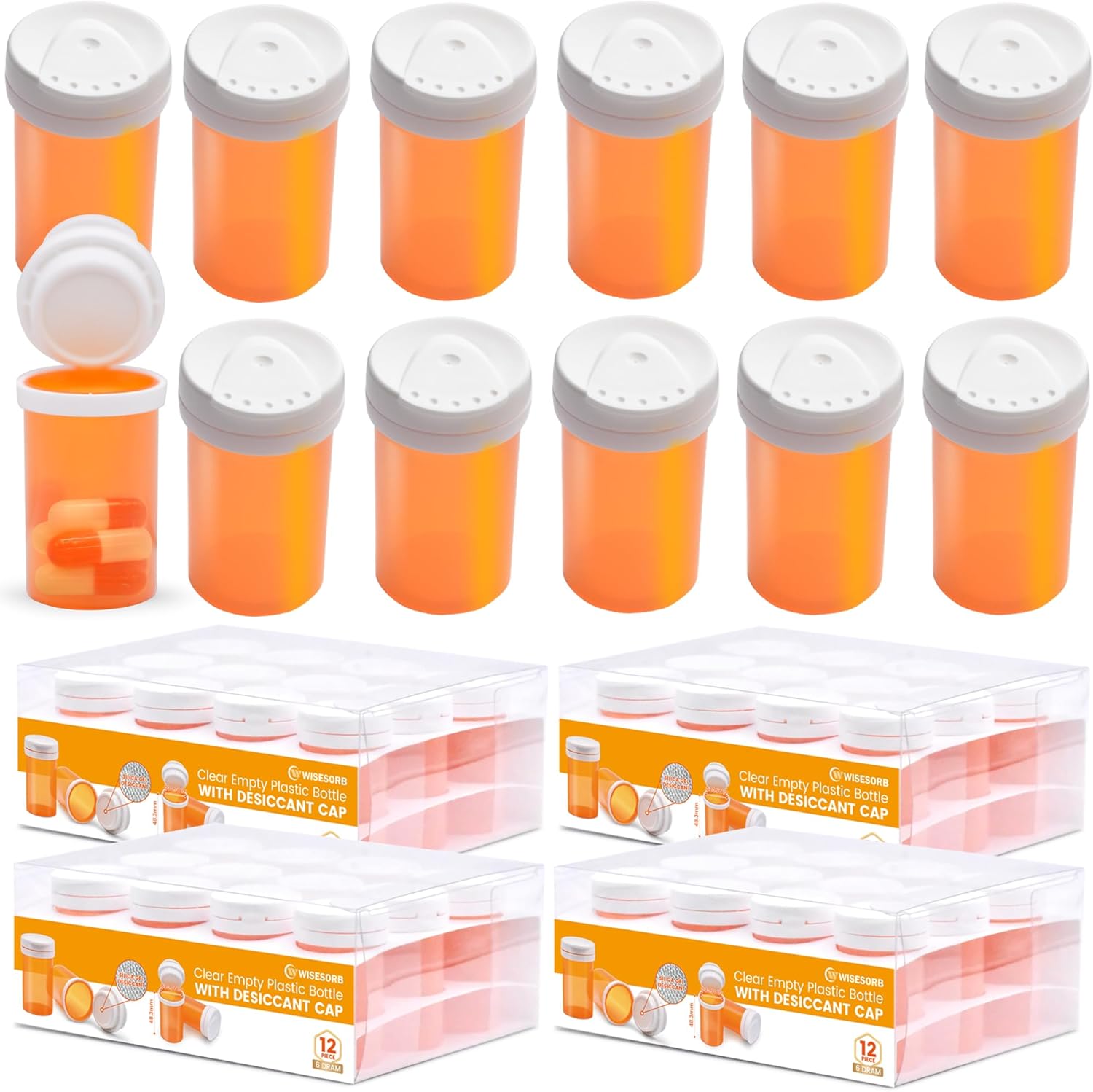 Wisesorb 6 Dram, 48pcs, Pill Bottle with Desiccant Cap