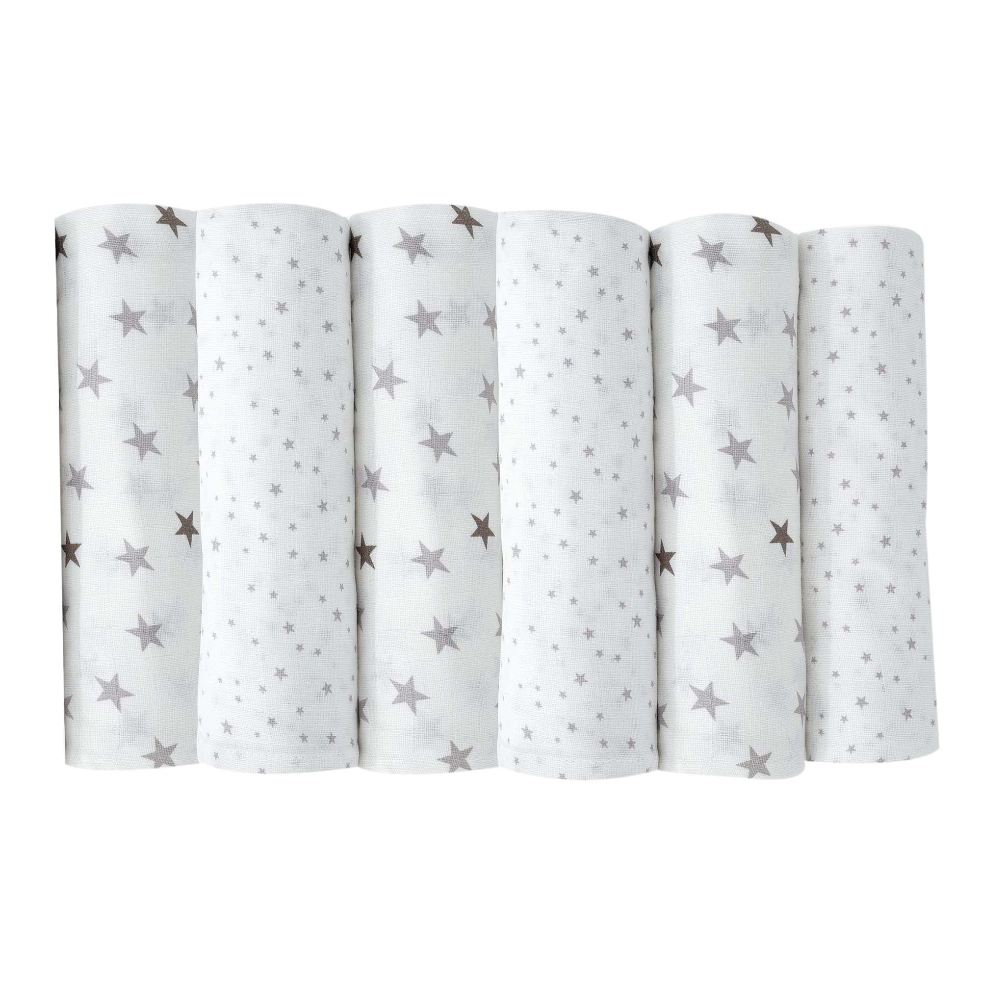 Trois Kilos Sept - Lot de 6 Langes Bébé - Carrés de Mousseline Coton - Multi-​usages : Doudou, Bavoir, Protection Solaire - Certifié OEKO-​TEX® STANDARD 100 - Cadeau Naissance - Motif Etoiles - Lot de 6