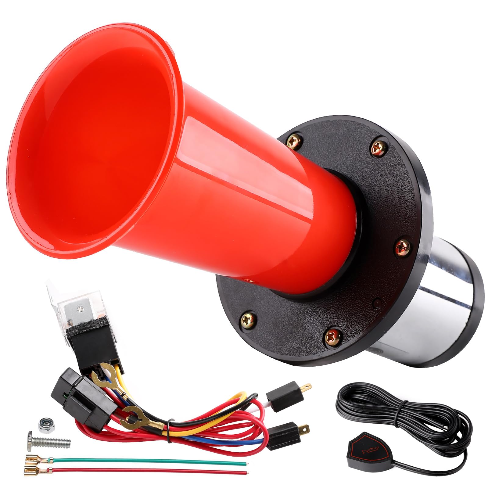 Cenzhiwen Horn 12V Kit, Antique Classic Car Hot Rod Aooga Ahooga Horn with Wire and Button, Air Horn Vintage Old Style School Horn for Truck Golf Cart Car?black? (red with button), KX-2402