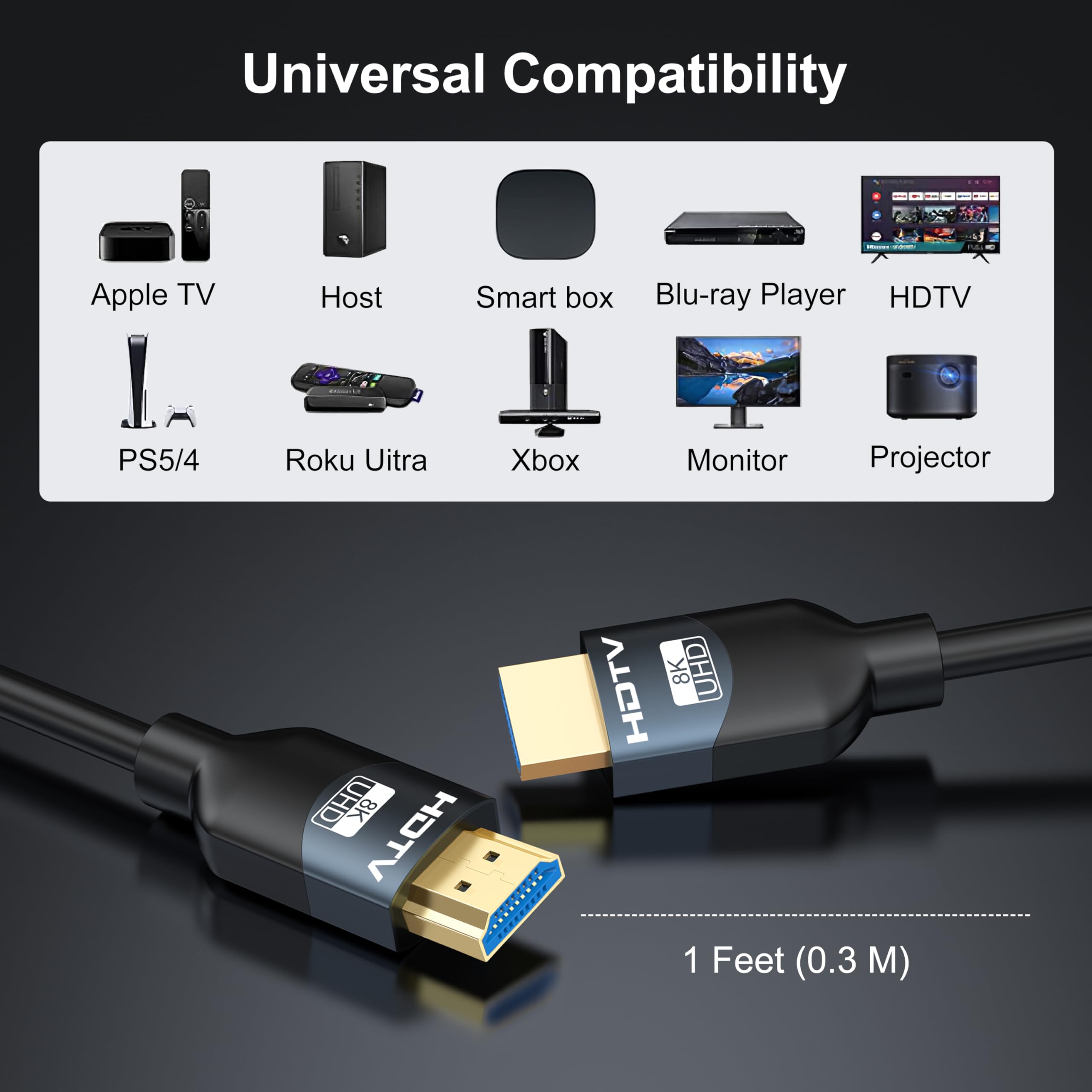 Cavi HDMI 2.1 8K da 30 cm, ad alta velocità HDMI per monitor da gioco PS5 TV-8K ARC e eARC HDMI Cord-165/180/240Hz, HDCP2.3, 3D/HDR10 per Soundbar, PS5, PS4, TV, Xbox, Roku, Cinema, Computer