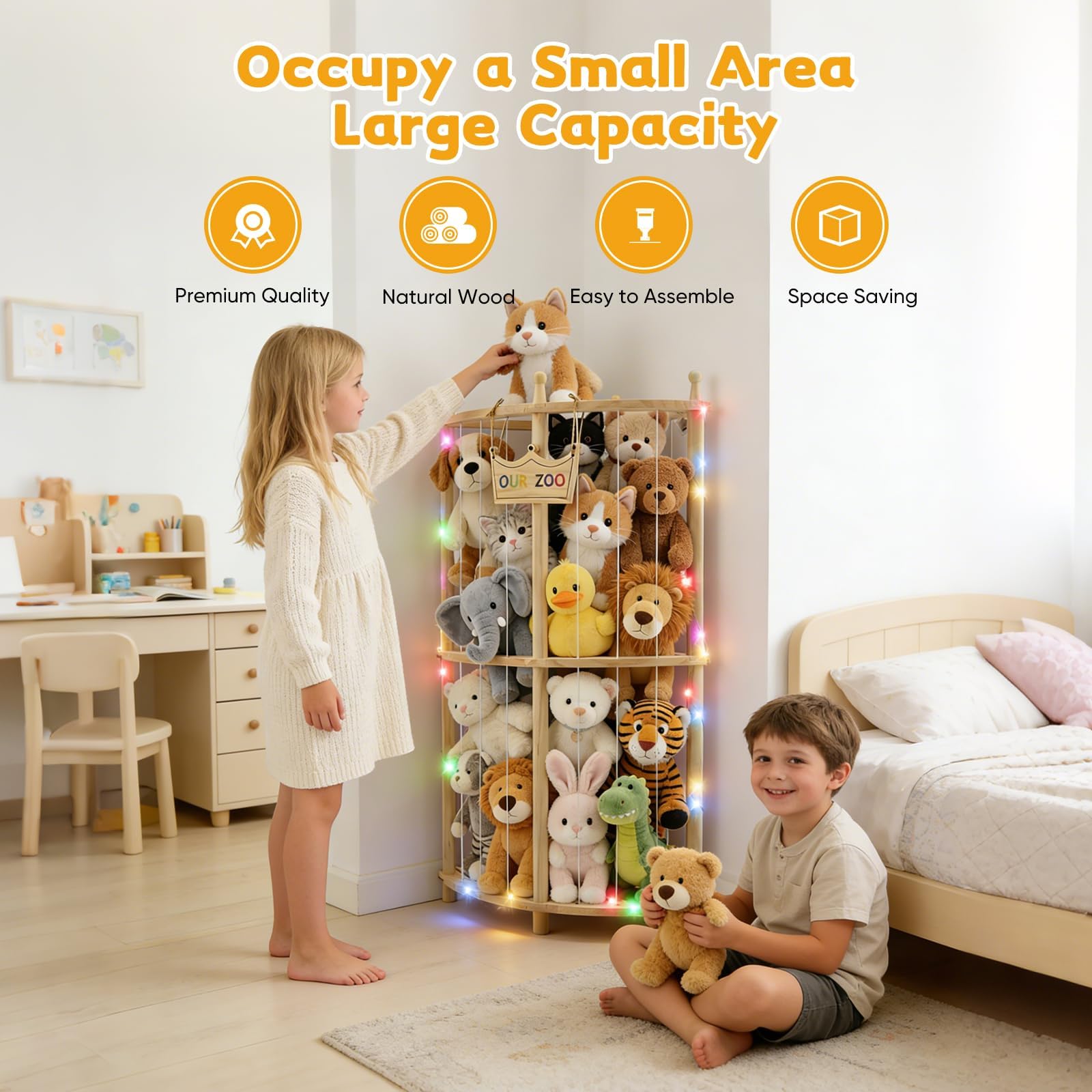 Angolo Porta Peluche 2 Ripiani in Legno Massivo con Luci LED, 96×44×44cm Organizzatore Senza Ruote, Supporto Peluche con Fascia Elastica per Cameretta Bambini, Sala Giochi & Soggiorno