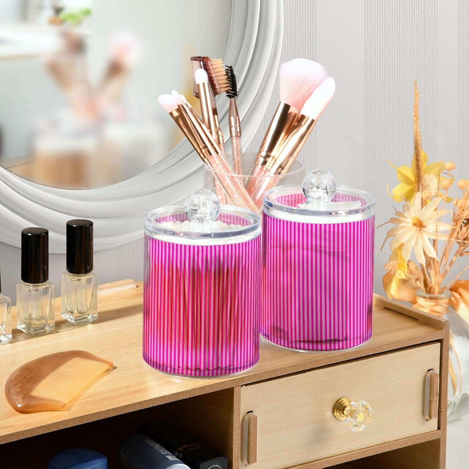 Qilmy Red Pink Stripes Qtip Holder 4 Pack, 14 oz Apothecary Jars Bathroom Vanity Organizer Canister for Qtips, Cotton Swabs, Cotton Balls, Cosmetic Pads, Flossers, Bath Salts
