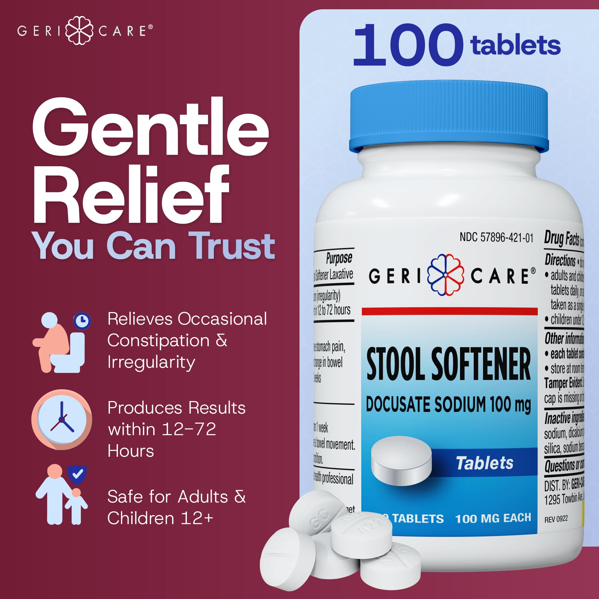 GeriCare Docusate Sodium Stool Softeners | Compared to Colace Regular Strength | Ideal for Constipation Relief,100mg Crushable Tablets. Dye Free (100 Count) Made in The USA. — Amazon image 2