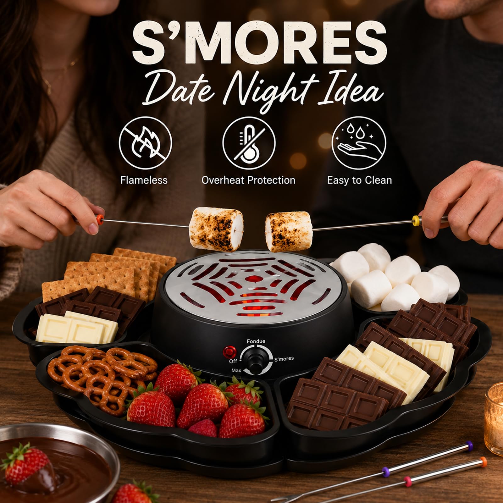 Set 2 en 1 de S'Mores y Fondue, Tostador sin Llama con 3 Niveles de Calor