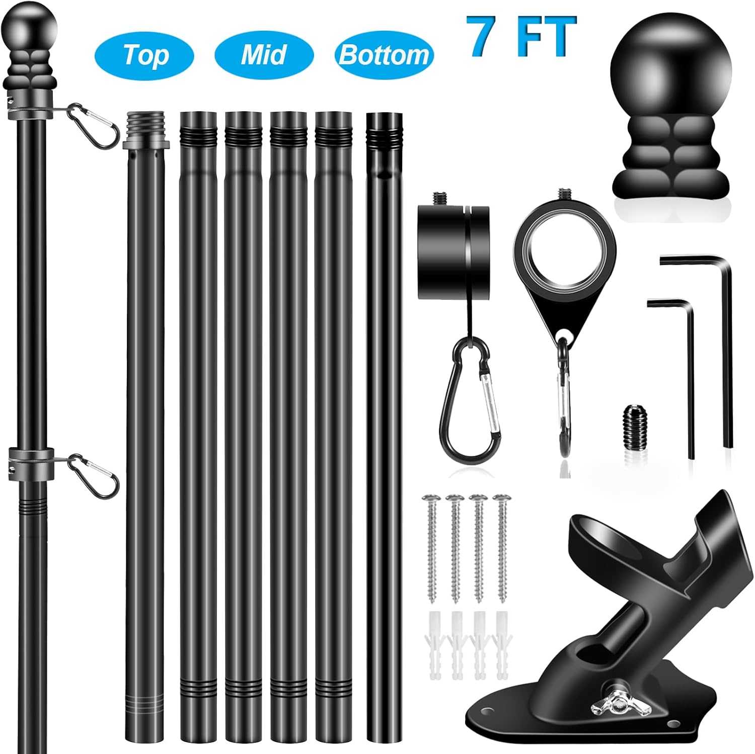 BONWIN Black Flag Pole Kit for Outside House, 7 FT Thickened Stainless Steel Wall Mount Flagpole for 3x5'/4x6' Flag, 1" Anti-Wrap Spinning Flag Ring Clips & 2-Position Bracket Holder for Porch Yard
