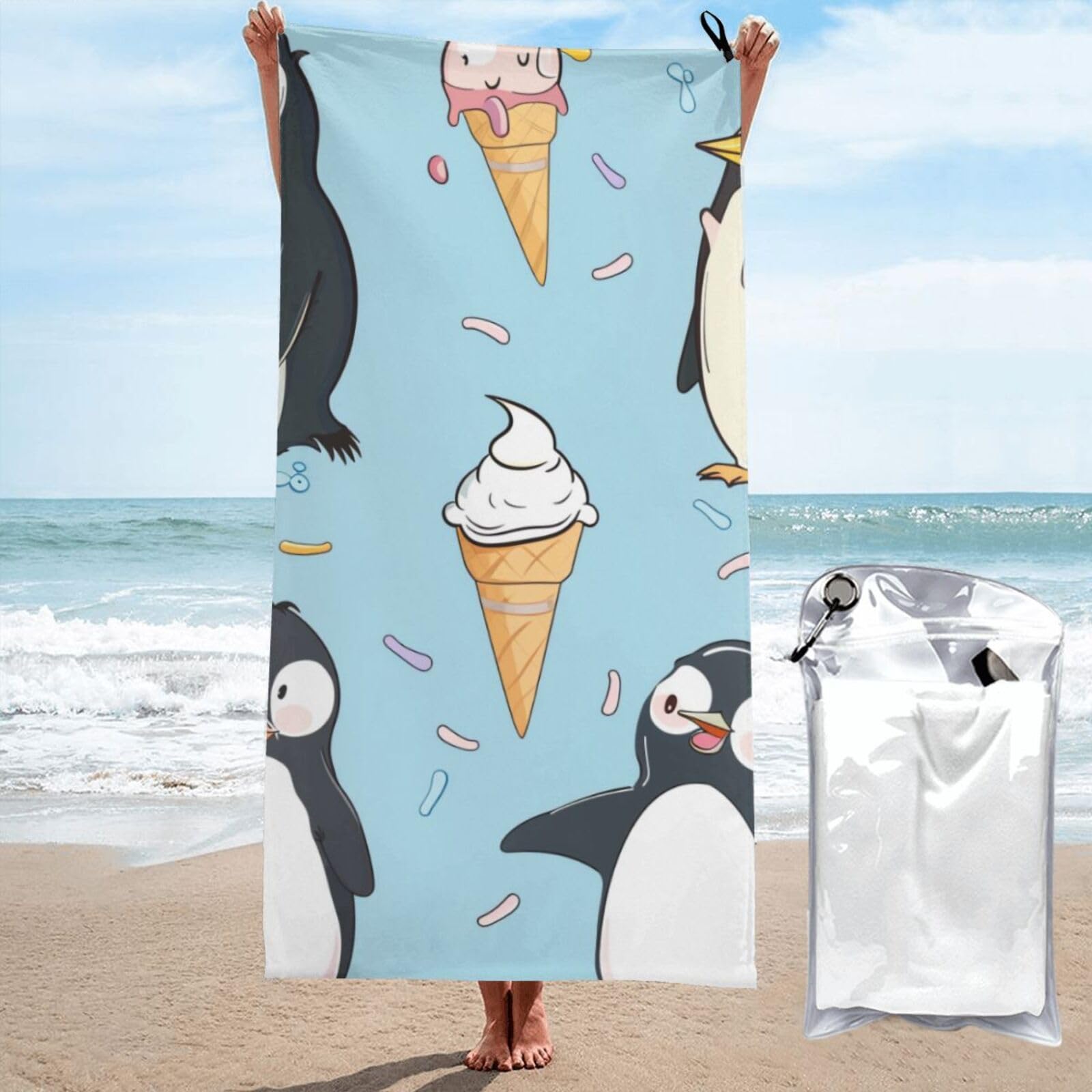 kkvhhyuo Microfiber Beach Towel, Cute Penguins Printed Lightweight Quick Dry Travel Bath Sheet with Compact Carry Bag for Swimming Yoga Camping Gym,31.5"x63"