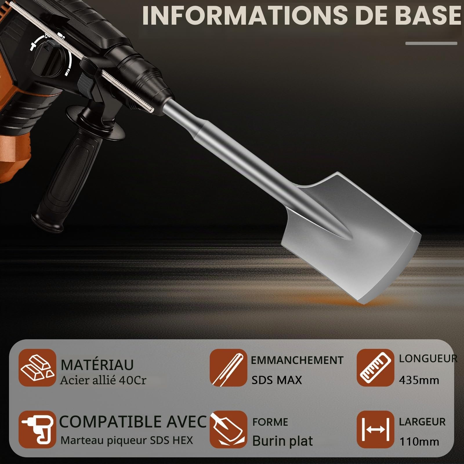 Burin à pelle SDS Max 110 x 435 mm Max Burin asphalte avec coffret en plastique