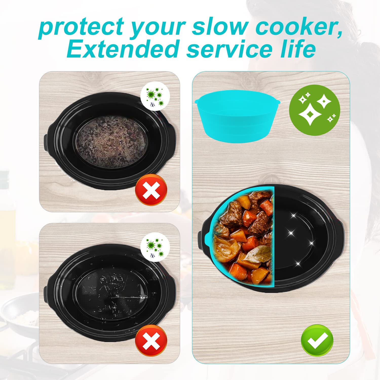 Pieghevole Fodera per Pentola a Cottura Lenta Compatibile con Crockpot 7-8 Qt, Riutilizzabile Silicone Slow Cooker Liner per Crockpot Pentole Ovali o Rotonde, Lavabile in Lavastoviglie (Blu)