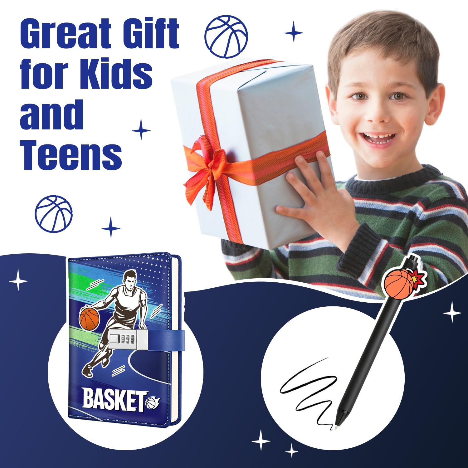 Diario con candado, diario para niños y niños, diario de baloncesto con código para adolescentes, adultos y niñas (Azul)