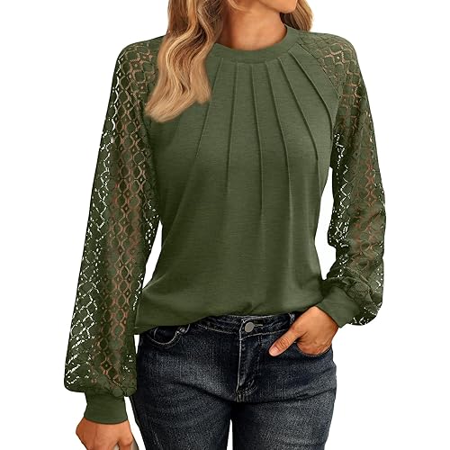 AUTOMET Womens Long Sleeve Shirts Pleated Lace Tops Fall Fashion Outfits Business Casual Blouses