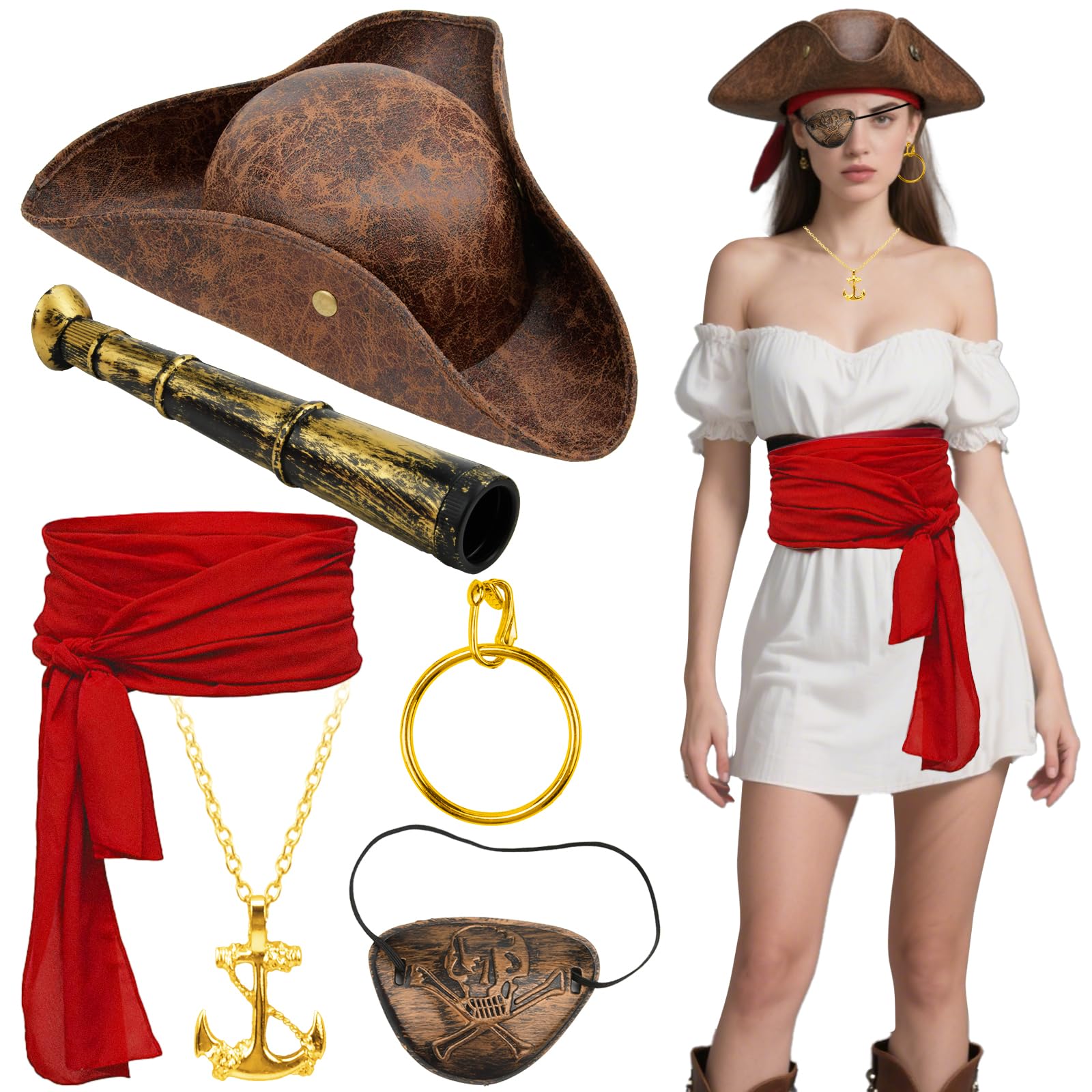 Halloween Pirate Costume Set including Pirate Hat, Red Waist Scarf; Telescope; Anchor Necklace