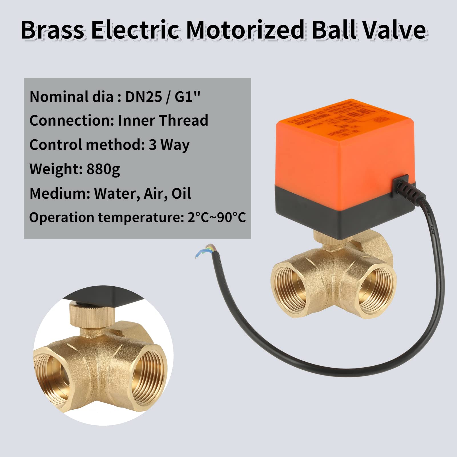 Válvula de Bola Motorizada, Válvula de Bola de Latón DN25 / G1 ", Válvula de 3 Cables Motorizada de 3 Vías DN25 AC 220 V, para Agua, Aire, Aceite y Otros Entornos