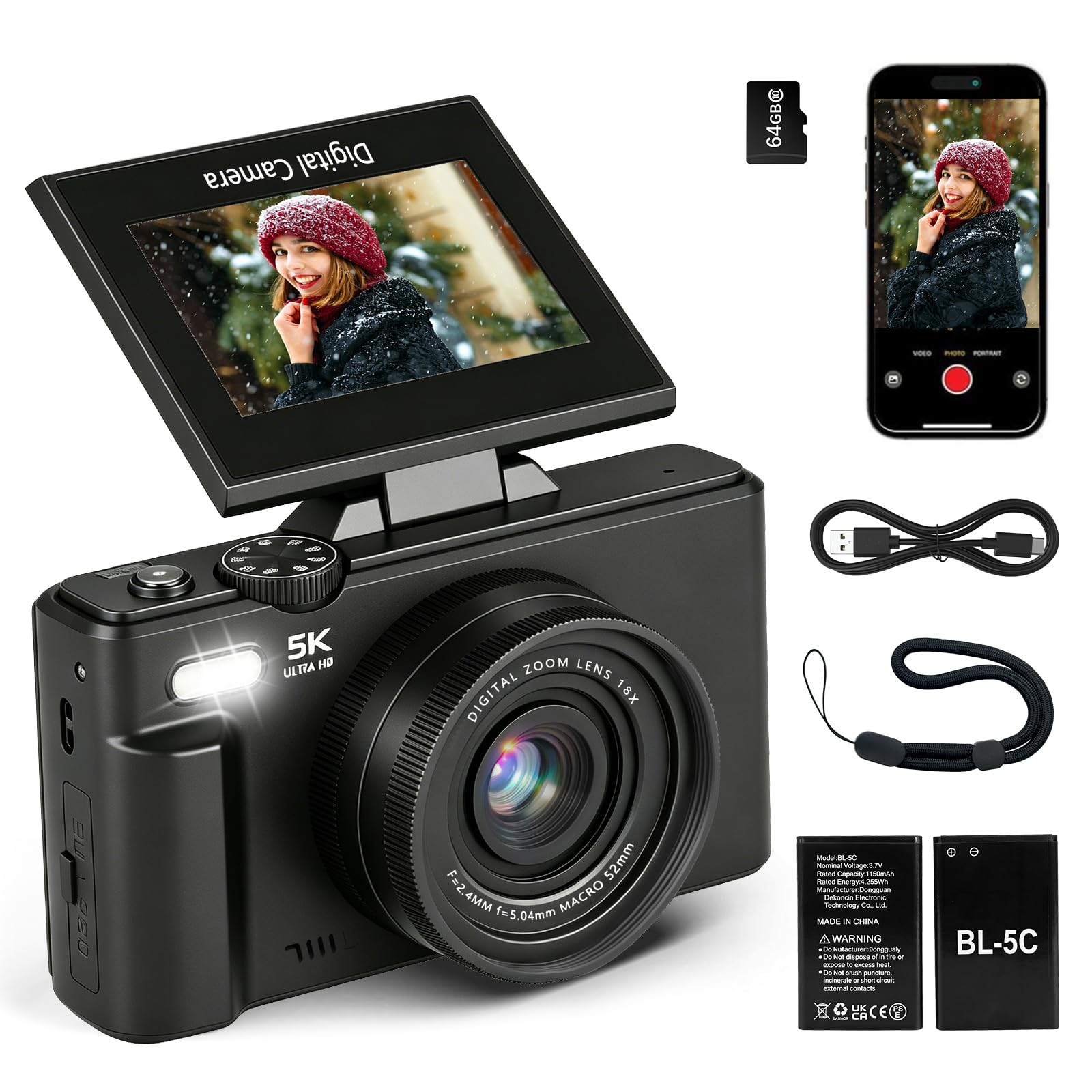 Cámara Digital 5K 75MP para Vlogs con Wi-Fi; Cámara Compacta con Pantalla LCD de 2.8" Abatible de y 180° Ideal para Principiantes en Viajes y Youtube; Autofoco, Zoomdigital 18X; Tarjeta 64GB
