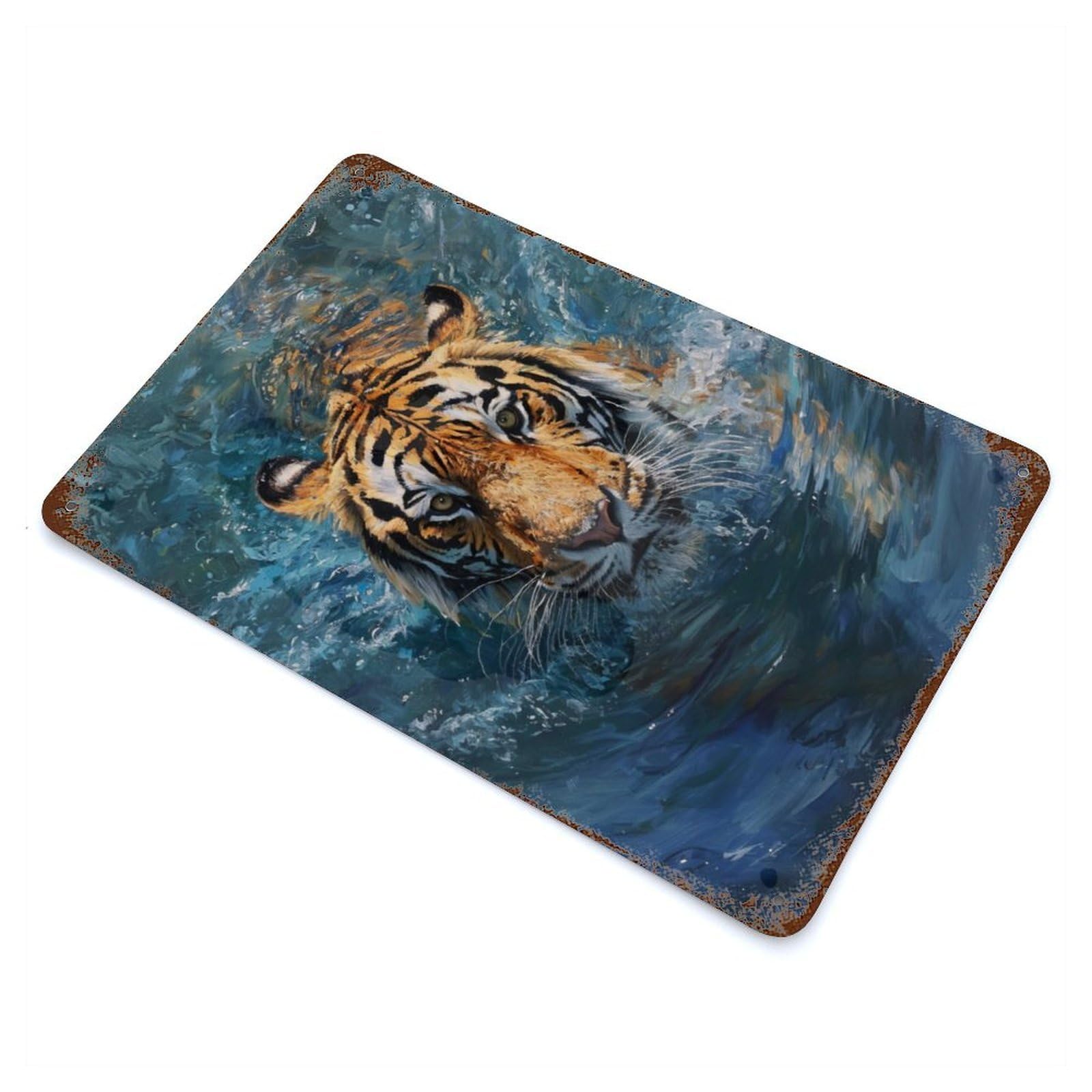 Retro Metal Sign with Aquatic Tiger Portrait Design 11.8"x7.9", for Living Room, Hallway And Home Decor, Farmhouse Wall Decor