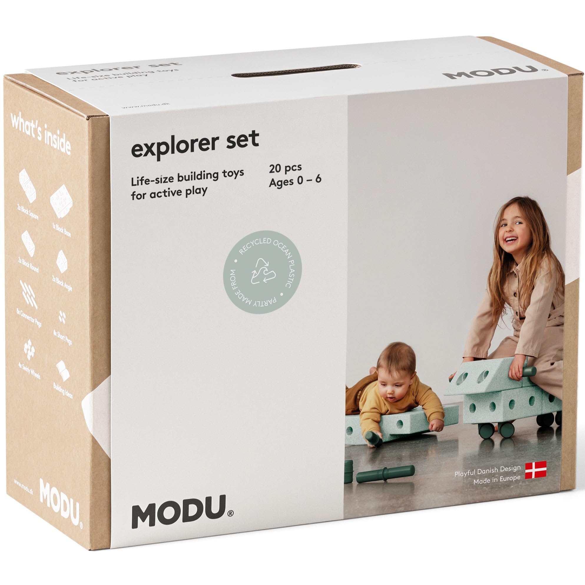 Modu Spielzeugmarke, Modell 20 Teile, Baukasten, Starter-Setset, Playsystem Explorer von 0-6 Jahren, Ocean Mint/Forest Green
