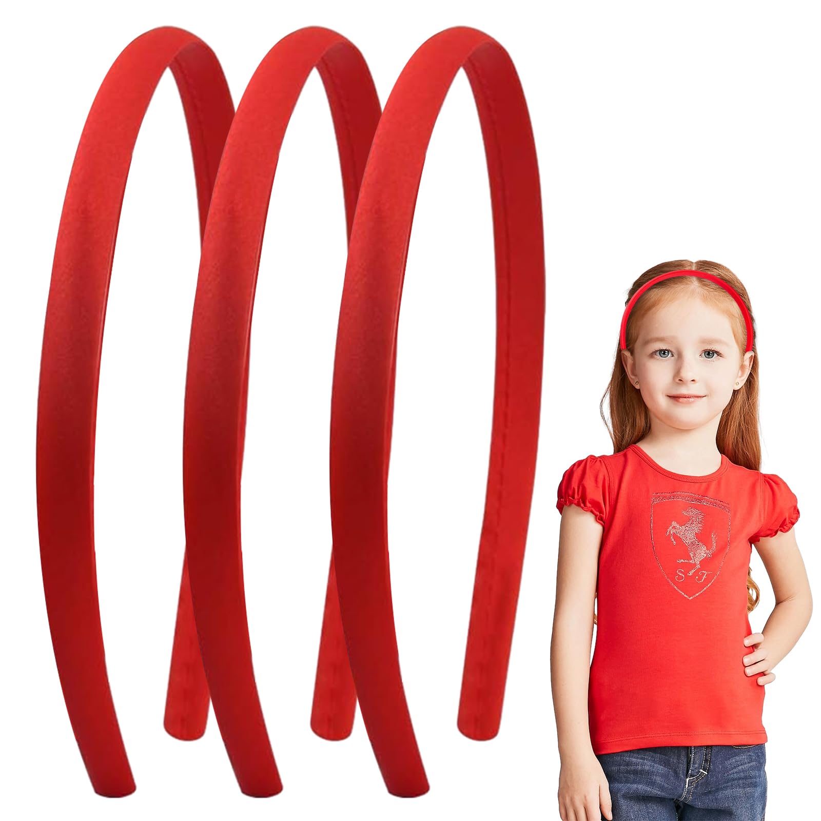 3 Pcs Plain Headbands, Satin Alice Headband, School Girls Small Hair Accessories Uniform Bands, Hair Band for Women Adult Girls Kids DIY Alice Bands (Red)