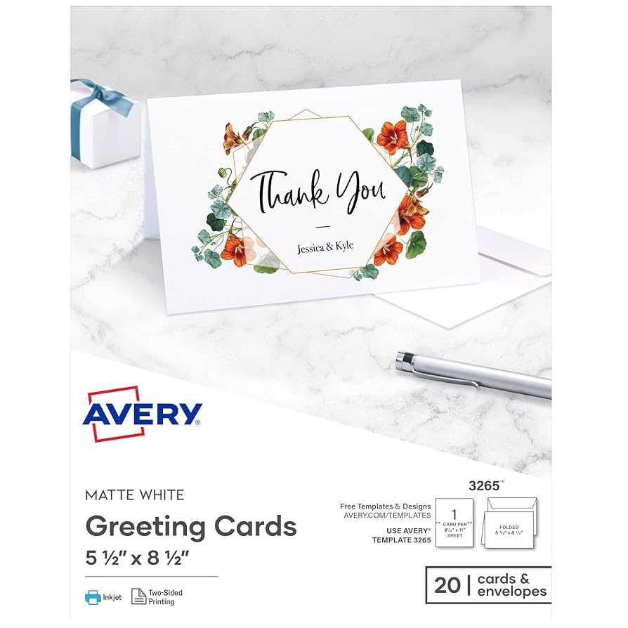 amazon-com-avery-printable-greeting-cards-half-fold-5-5-x-8-5-matte-white-20-blank-cards-with-envelopes-3265-office-products for Free Printable Quarter Fold Thank You Cards Amazon.com : Avery Printable Greeting Cards, Half-Fold, 5.5