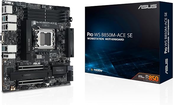 ASUS Pro WS B850M-ACE SE AMD AM5 B850 mATX MicroATX Business Motherboard, PCIe 5.0 x 16, DDR5, PCIe 5.0 M.2, PCIe 5.0 MCIO, U.2, 10G & 2.5G LAN, USB4, ASUS Control Center Express Remote Management