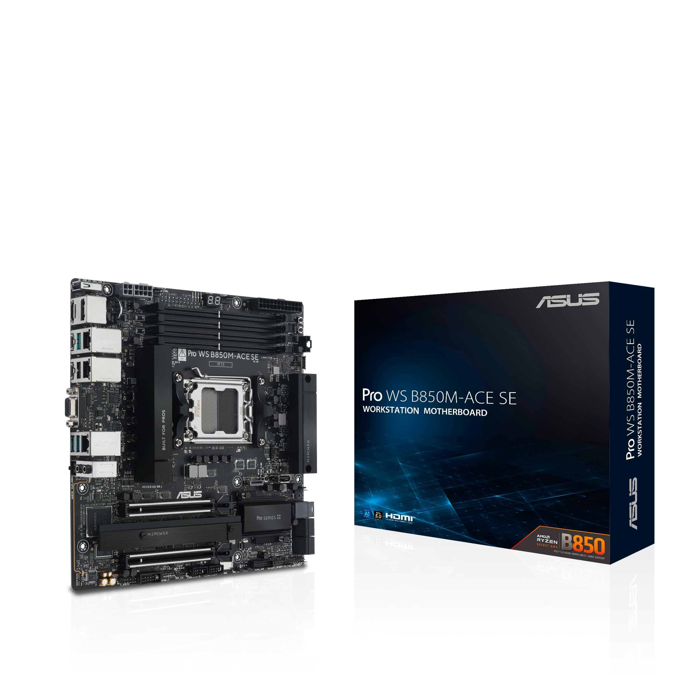 ASUS Pro WS B850M-ACE SE AMD AM5 B850 mATX MicroATX Business motherboard, PCIe 5.0 x 16, DDR5, 2x PCIe 5.0 M.2, PCIe 5.0 MCIO, U.2, 10G &amp; 2.5G LAN, USB4®, ASUS Control Center Express Remote Management
